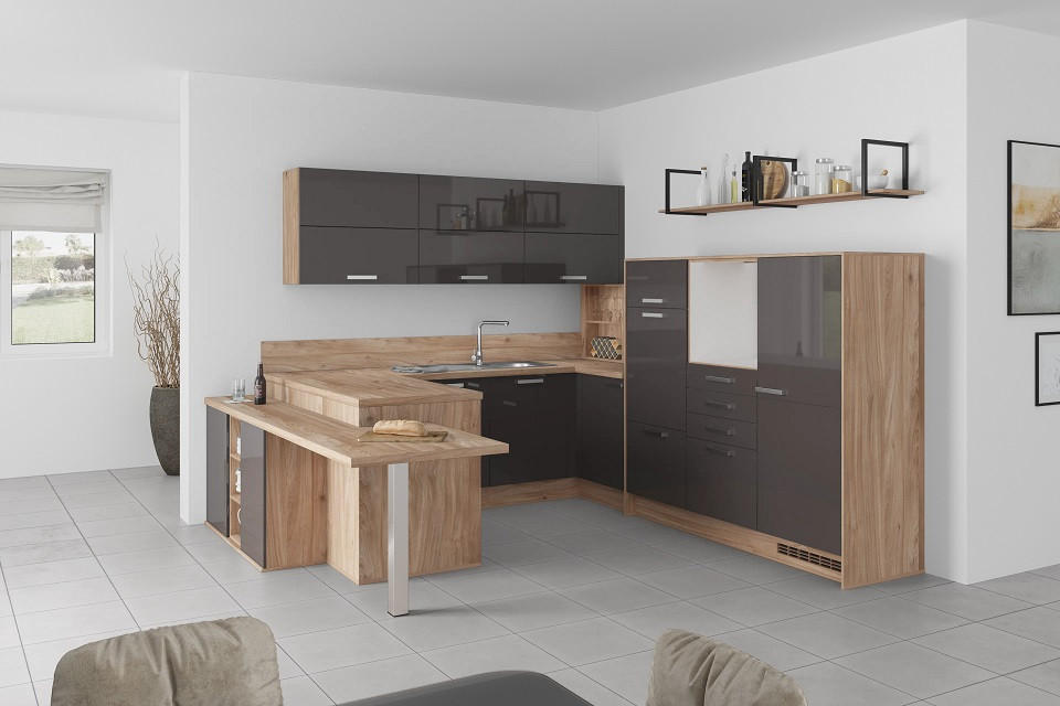 U-Küche Lp4050 Grafit/ Eiche 255x294x298 cm mit Griffen
