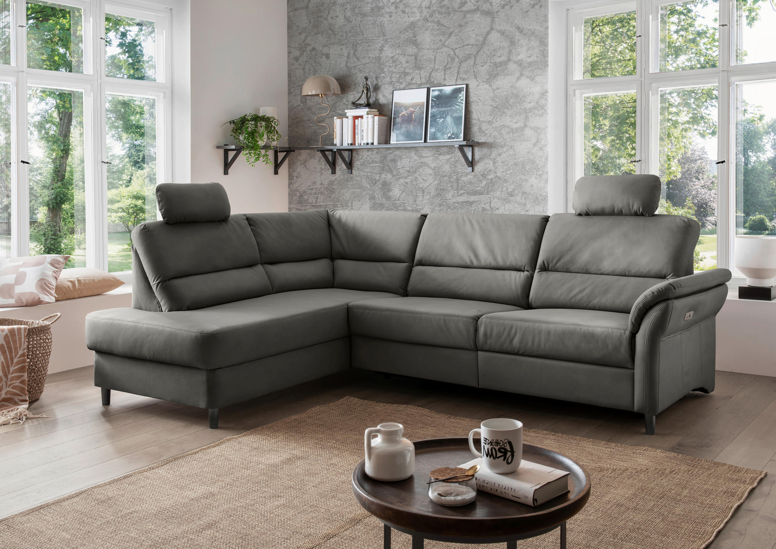 ECKSOFA in Lederlook Grau - Schwarz/Grau, Modern, Holz/Textil (190/266cm) - Livetastic