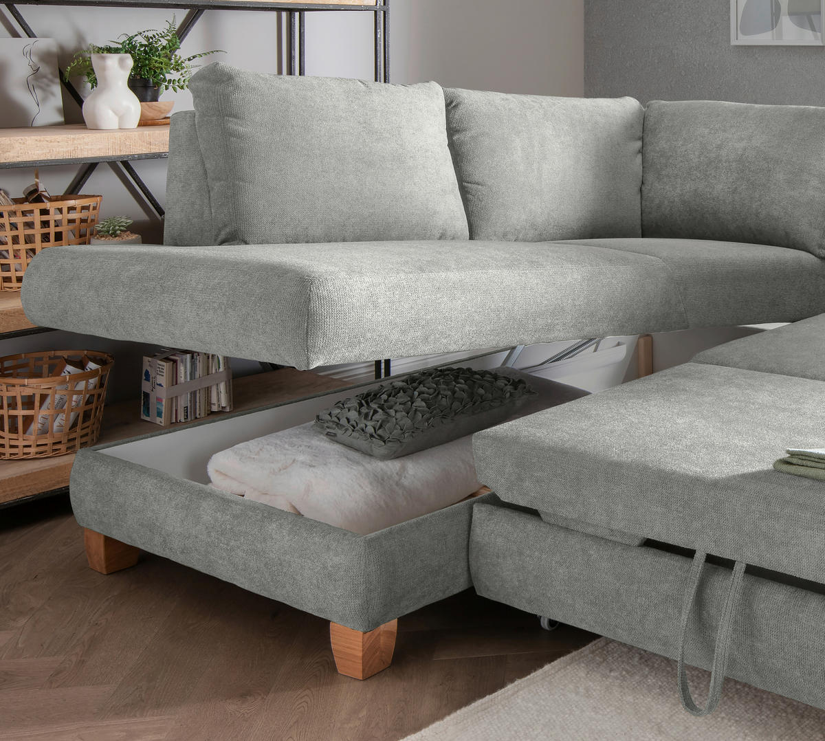 ECKSCHLAFSOFA  mit Liegefunktion, Rücken echt, Armteil rechts Chenille Grau  - Wildeiche/Grau, MODERN, Holz/Textil (206/261cm) - Livetastic