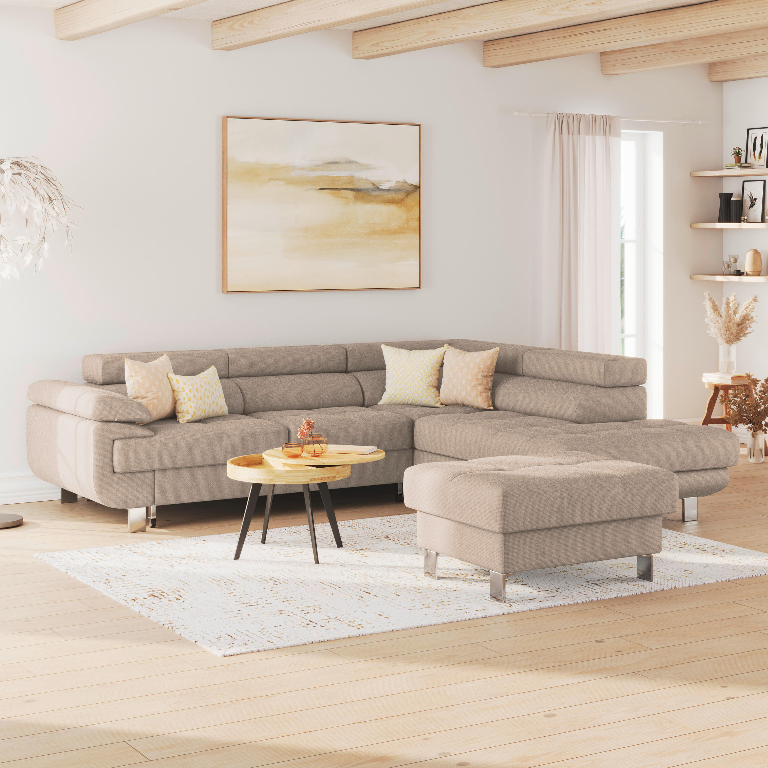 HOCKER in Textil Beige  - Beige, Modern, Textil/Metall (90/44/73cm) - MID.YOU