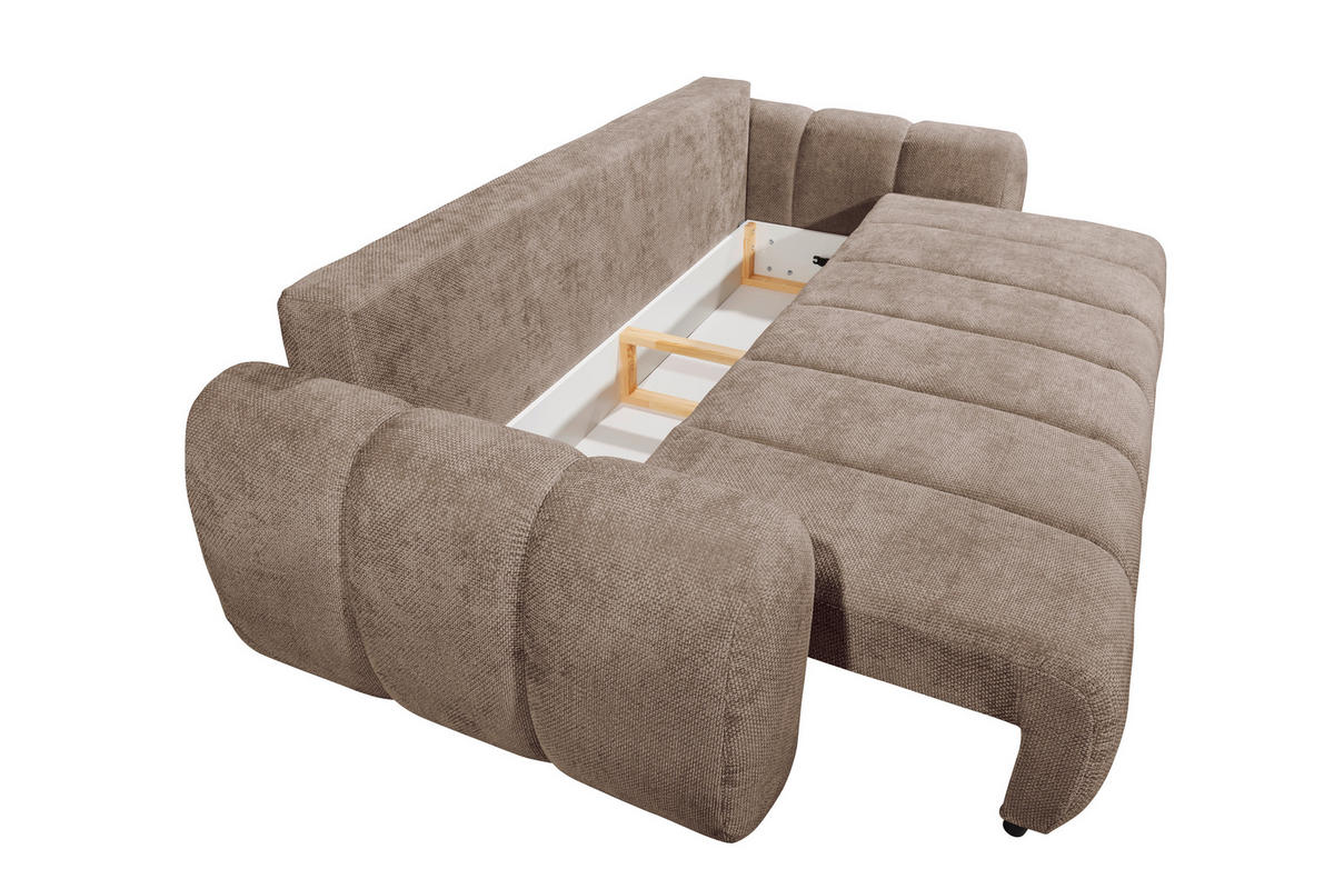 SCHLAFSOFA BUBBLE Webstoff Taupe  inkl. Zierkissen, Nierenkissen, Bettkasten, Liegefläche im Originalstoff  - Taupe/Schwarz, Design, Kunststoff/Textil (256/76/112cm) - MID.YOU