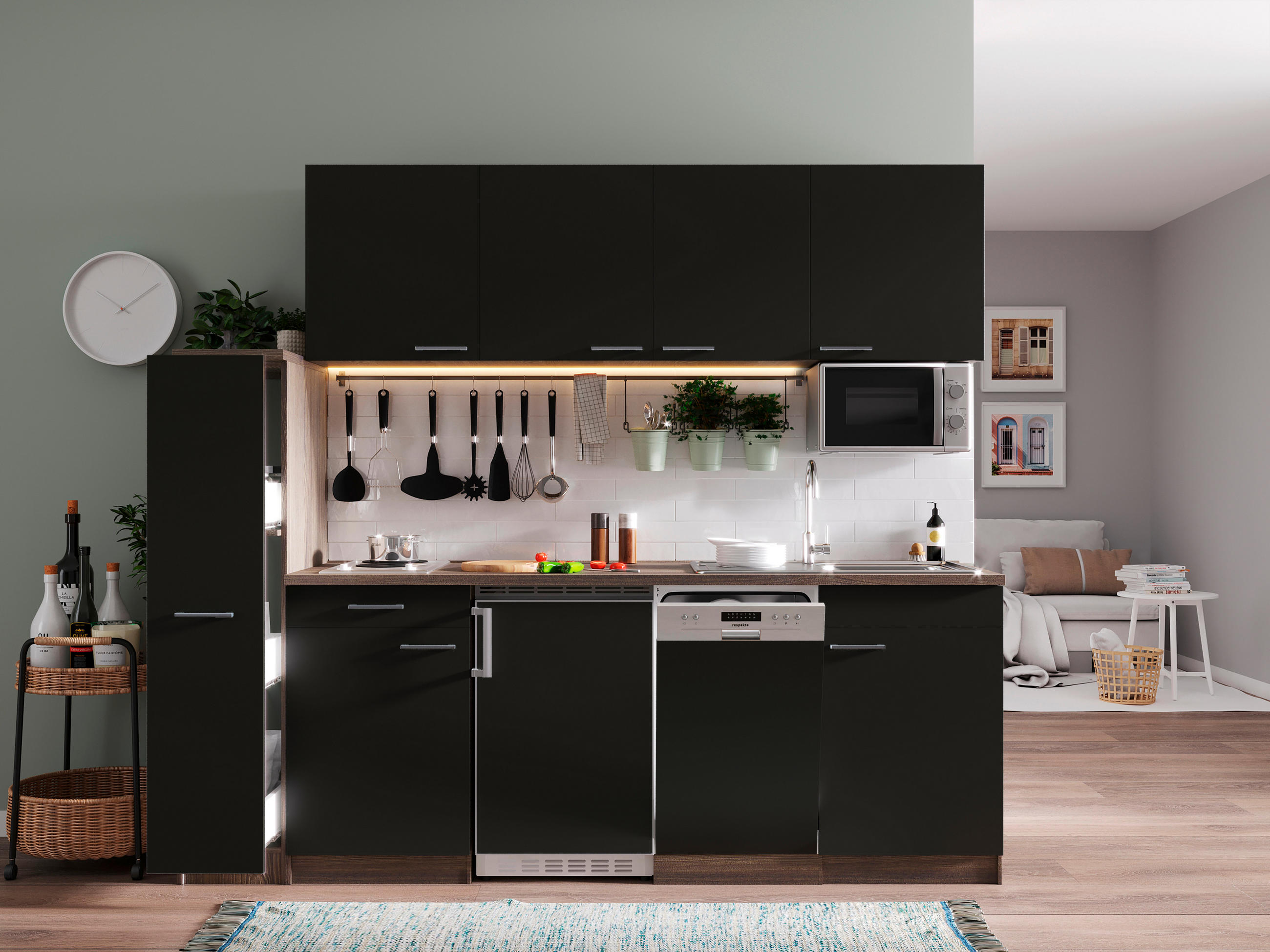 MODULKÖK 225 cm   i svart  - aluminiumfärg/svart, Basics, trämaterial/plast (225cm) - Respekta