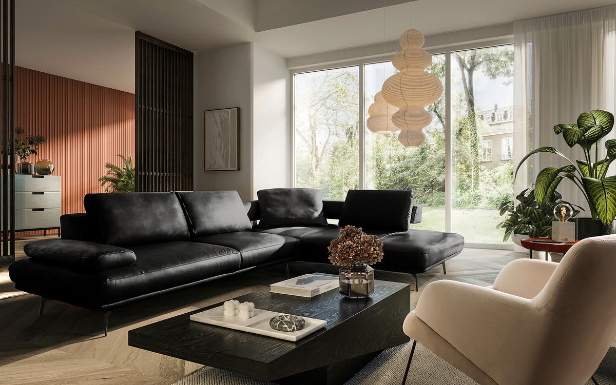 ECKSOFA  in Echtleder Schwarz  306/237 cm  - Schwarz/Grau, Design, Leder/Metall (306/237cm) - Livetastic