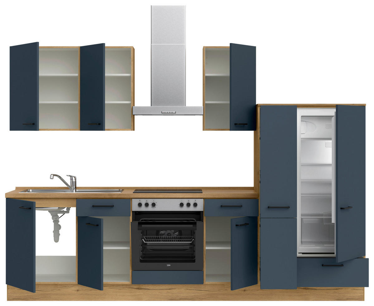 KÜCHENBLOCK Easytouch 300 cm  in Blau, Eichefarben  - Blau/Eichefarben, MODERN, Holzwerkstoff/Metall (300cm) - Nobilia