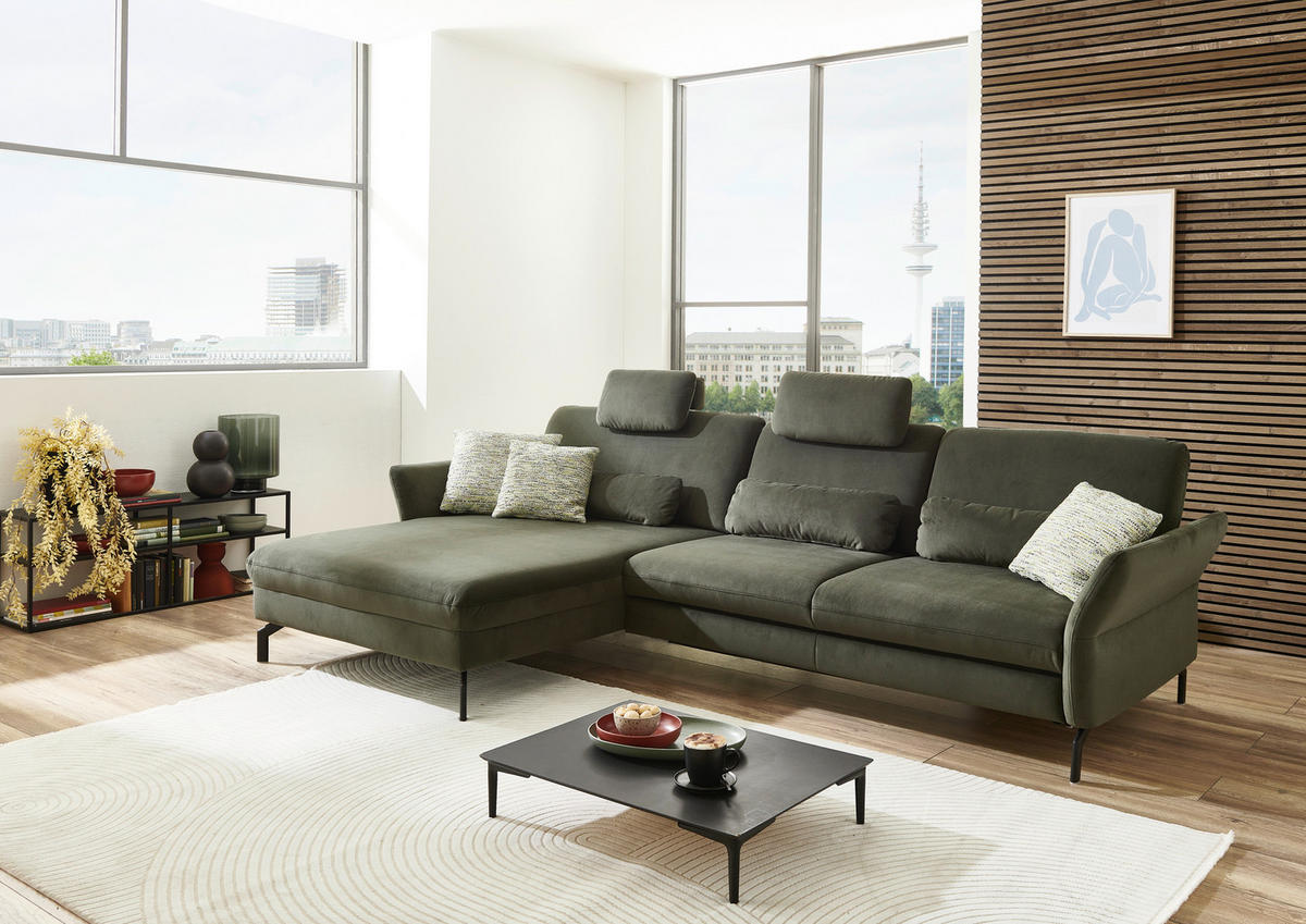 ECKSOFA in Velours Olivgrün  - Schwarz/Olivgrün, Design, Textil/Metall (179/306cm) - Beldomo System