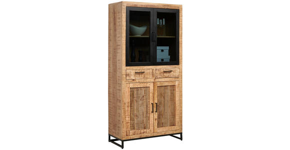 VITRINE in massiv Mangoholz Naturfarben, Hellbraun  - Hellbraun/Schwarz, Design, Glas/Holz (90/180/40cm) - Carryhome