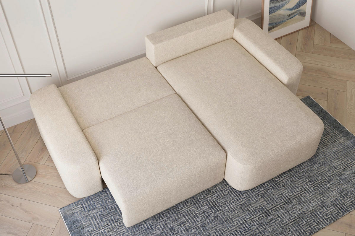 ECKSOFA OVAL Creme Bouclé Rückenkissen, Schlaffunktion, Rücken echt, Stauraum  - Creme/Schwarz, Design, Kunststoff/Textil (268/110cm) - MID.YOU