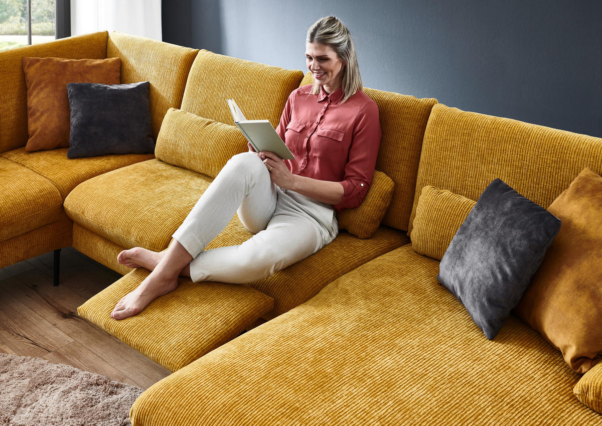 WOHNLANDSCHAFT Currygelb Webstoff  - Currygelb/Schwarz, Design, Textil/Metall (208/354/157cm) - Dieter Knoll