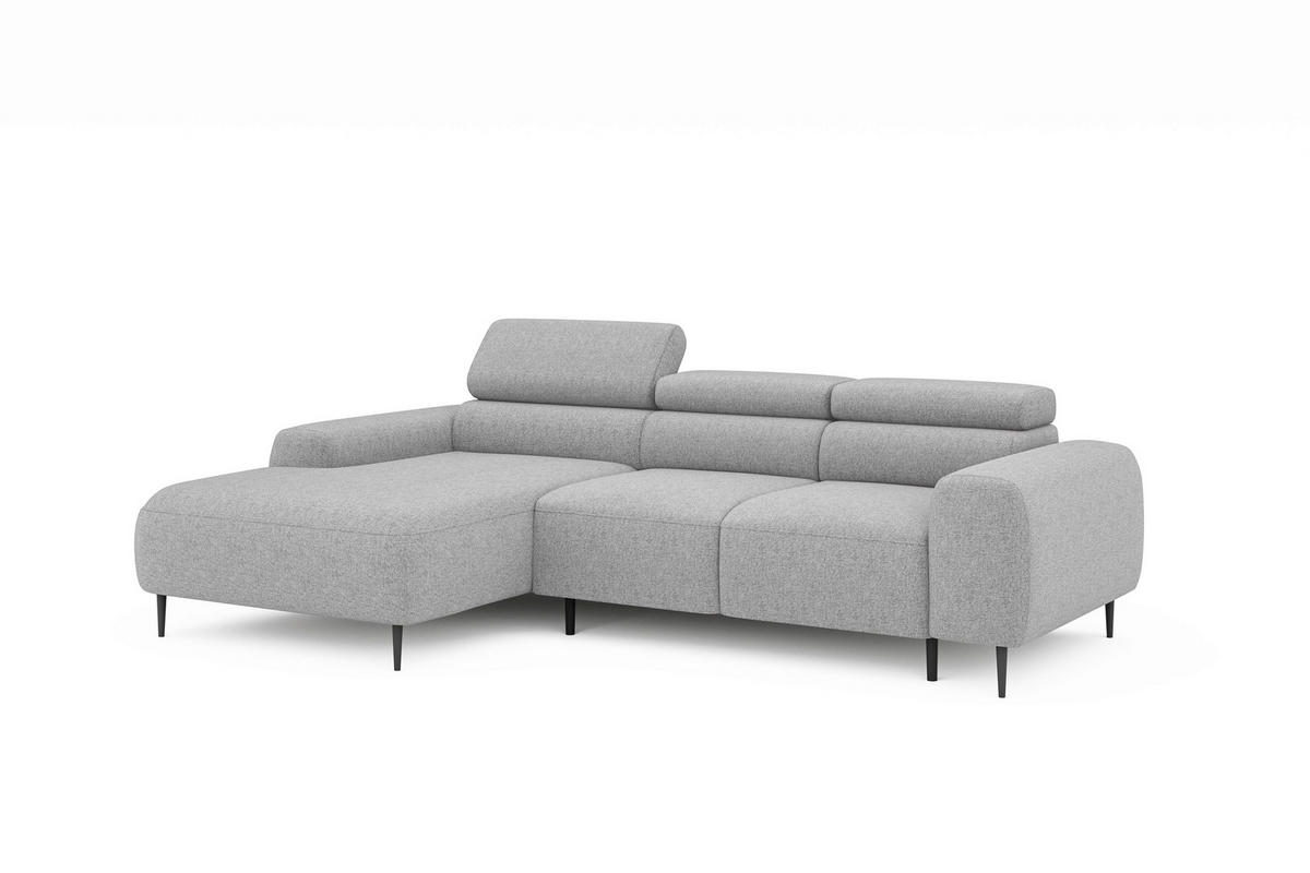 ECKSOFA Hellgrau Struktur Rücken echt, Kopfteilverstellung, Sitztiefenverstellung  - Hellgrau/Schwarz, MODERN, Textil/Metall (179/274cm) - Welnova