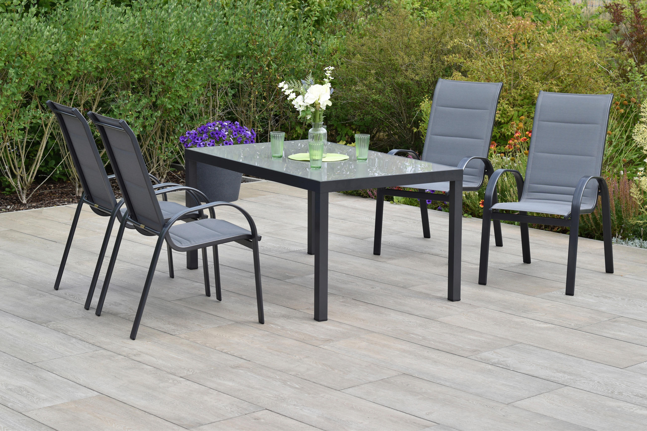 GARTENTISCHGRUPPE  - Graphitfarben/Grau, KONVENTIONELL, Glas/Textil - Gardenson