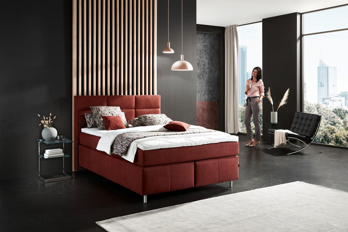 BOXSPRINGBETT 140/200 cm  in Rotbraun  - Rotbraun/Alufarben, KONVENTIONELL, Textil/Metall (140/200cm) - Dieter Knoll