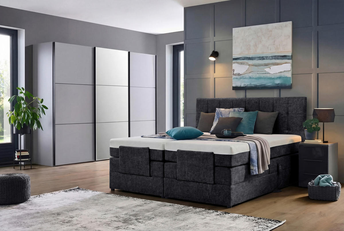 BOXSPRINGBETT 160/200 cm,  in Anthrazit, gepolstertes Kopfteil, Topper, motorische Verstellbarkeit, Fernbedienung, Matratzen, H3 = fest  - Anthrazit/Schwarz, KONVENTIONELL, Kunststoff/Textil (160/200cm) - Moderano