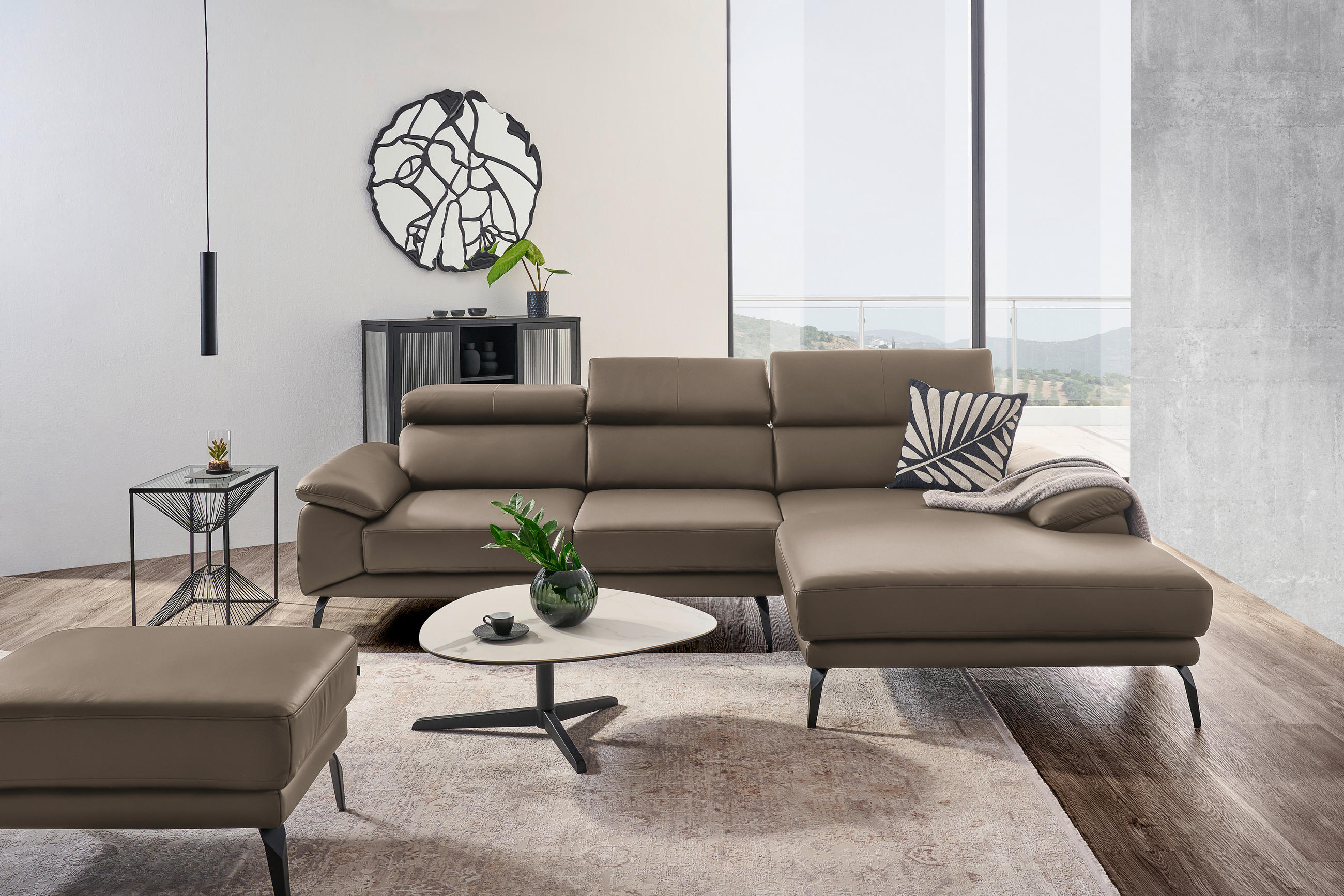 ECKSOFA in Echtleder Hellbraun  - Hellbraun/Schwarz, Design, Leder/Metall (295/187cm) - Novel