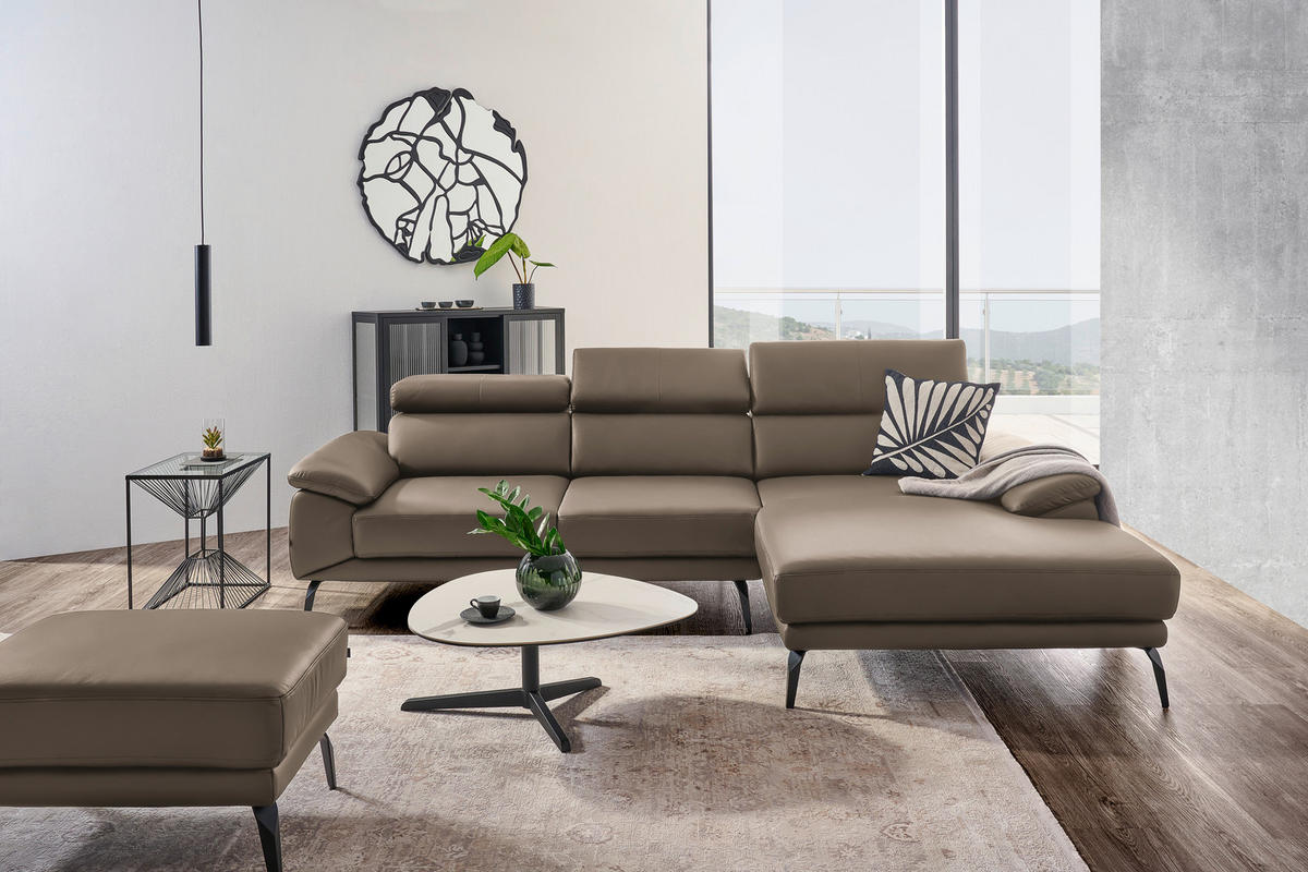 ECKSOFA in Echtleder Hellbraun  - Hellbraun/Schwarz, Design, Leder/Metall (295/187cm) - Novel