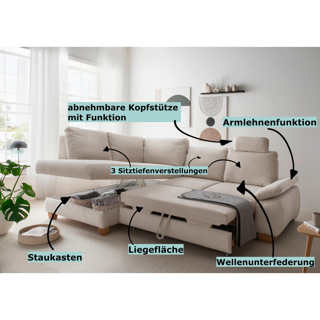 Thumbnail - Livetastic Eckschlafsofa, Beige, Textil, 4-Sitzer, 261x206 cm, Liegefunktion, Rücken echt, Armteil links, Wohnzimmer, So...