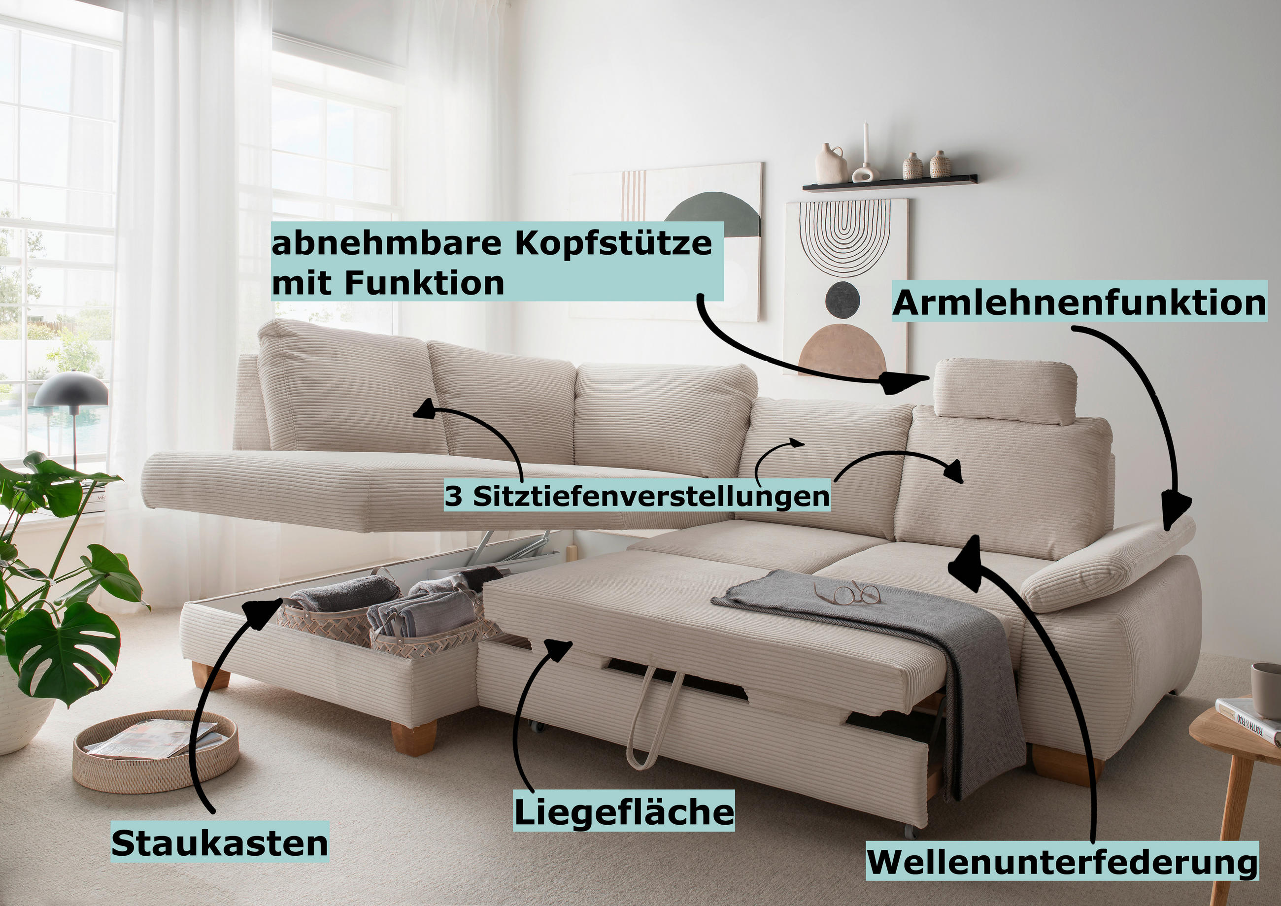 Thumbnail - Livetastic Eckschlafsofa, Hellbraun, Textil, 4-Sitzer, 261x206 cm, Liegefunktion, Rücken echt, Armteil links, Wohnzimmer...