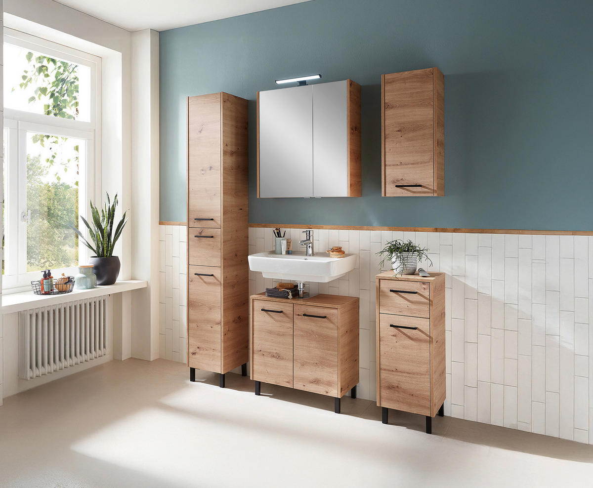 WASCHBECKENUNTERSCHRANK 60/53/33 cm  - Eichefarben/Schwarz, Design, Holzwerkstoff/Metall (60/53/33cm) - Xora