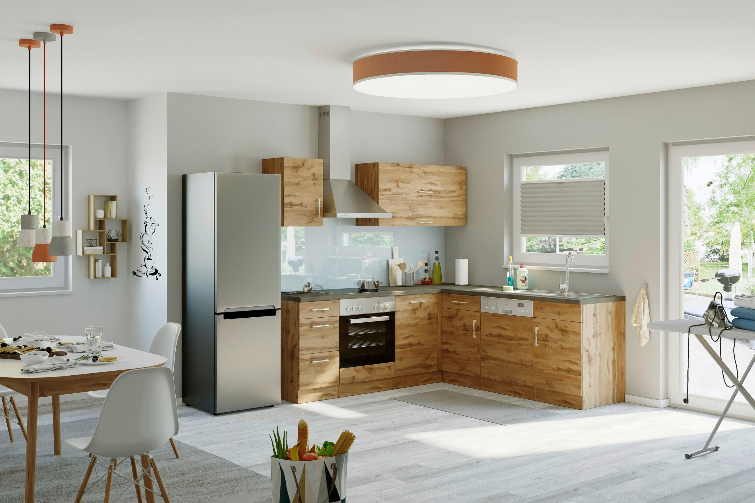 ECKKÜCHE 210/210 cm  in Schieferfarben, Eiche Wotan  - Chromfarben/Schieferfarben, MODERN, Holzwerkstoff/Metall (210/210cm) - Held