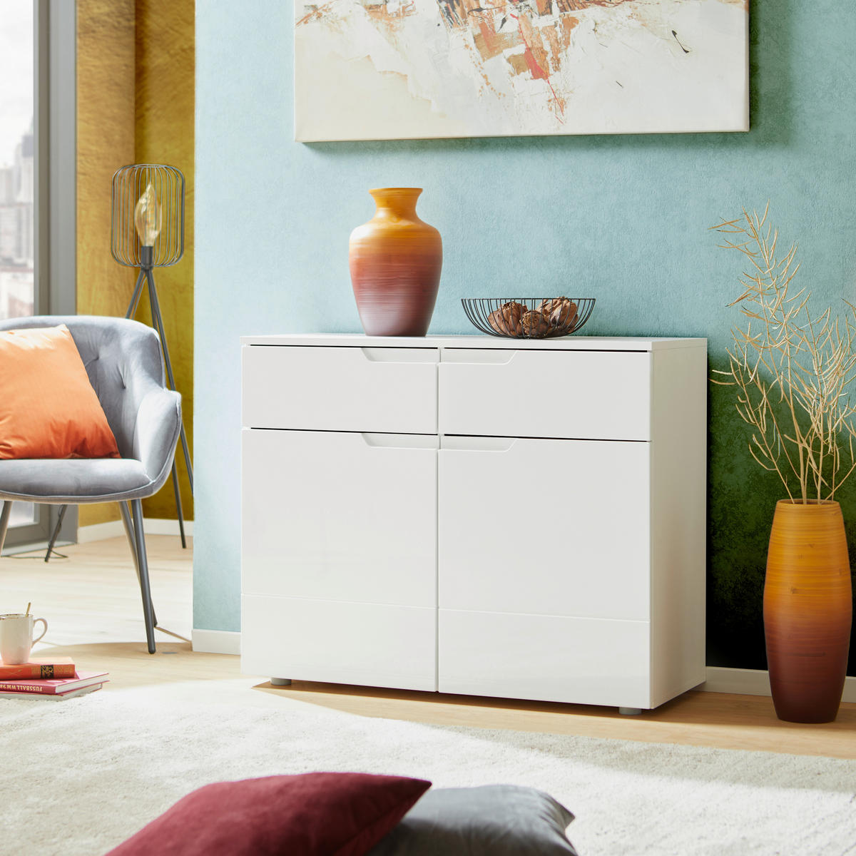KOMMODE HILTON  in 100/81,4/40 cm  - Weiß Hochglanz/Silberfarben, MODERN, Holzwerkstoff/Kunststoff (100/81,4/40cm) - Hom`in
