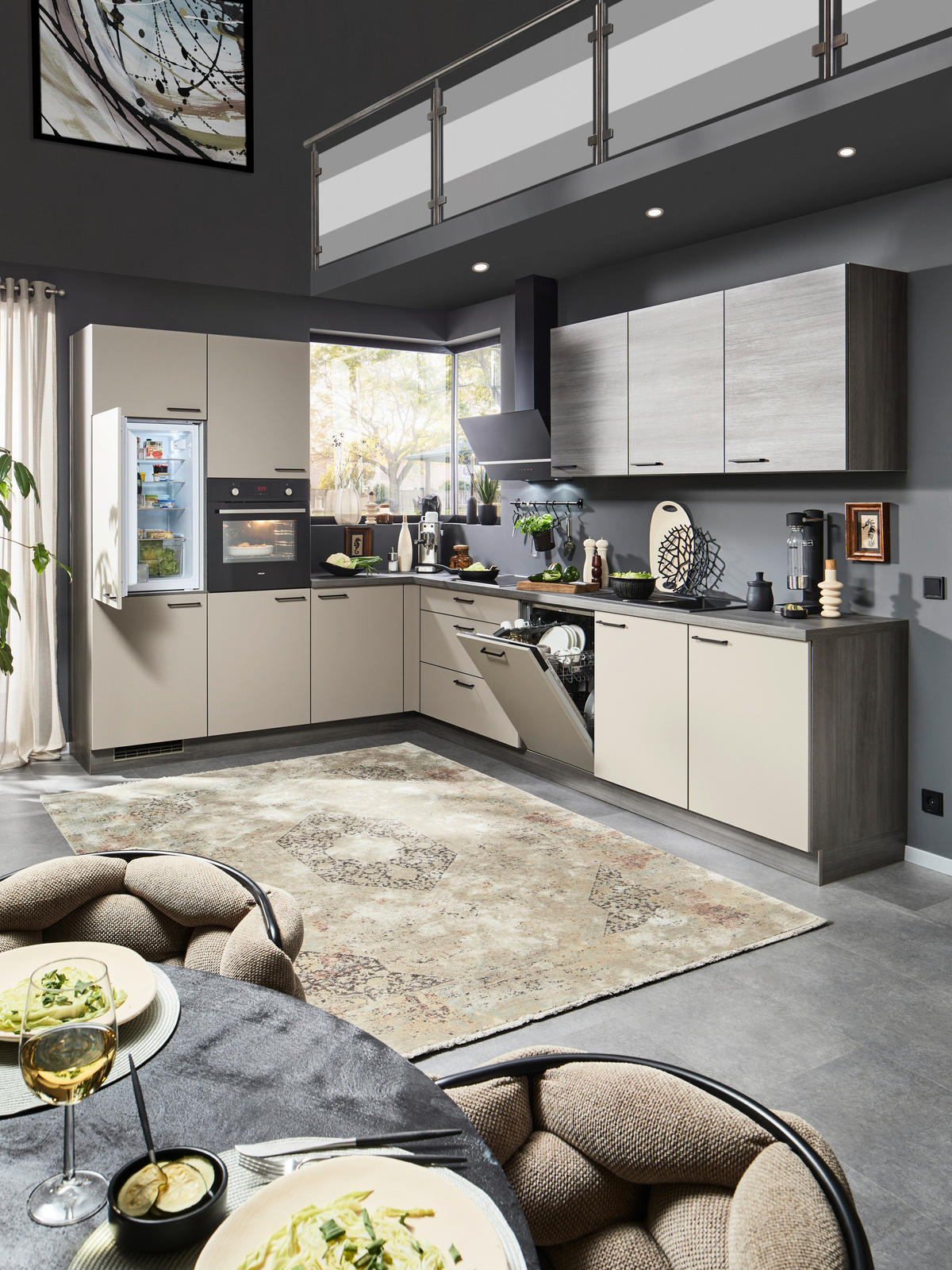 EINBAUKÜCHE   - Creme/Grau, MODERN, Holzwerkstoff - Welnova