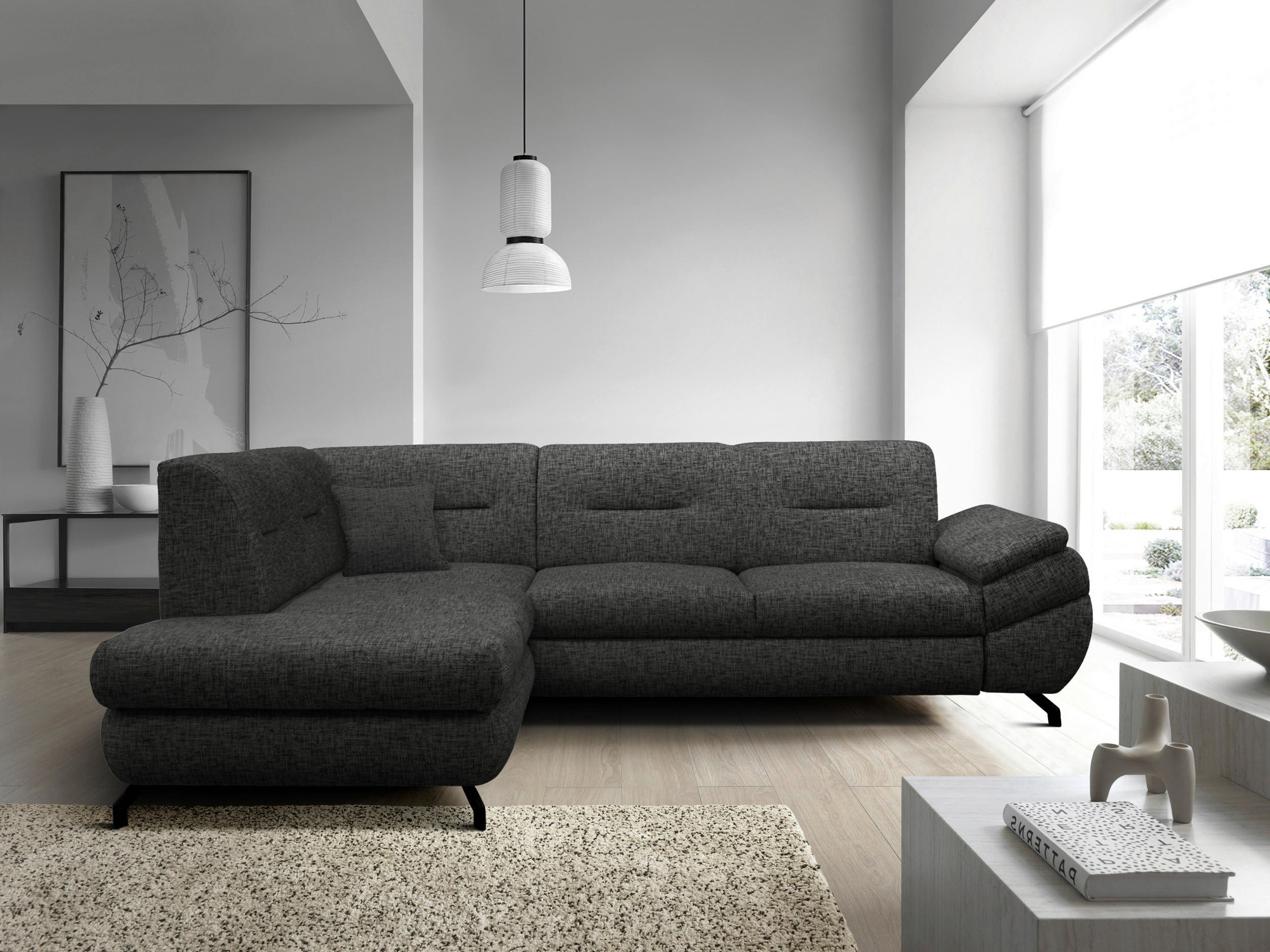 ECKSOFA Dunkelgrau Struktur, Plüsch  - Dunkelgrau/Schwarz, Design, Textil/Metall (201/274cm) - MID.YOU