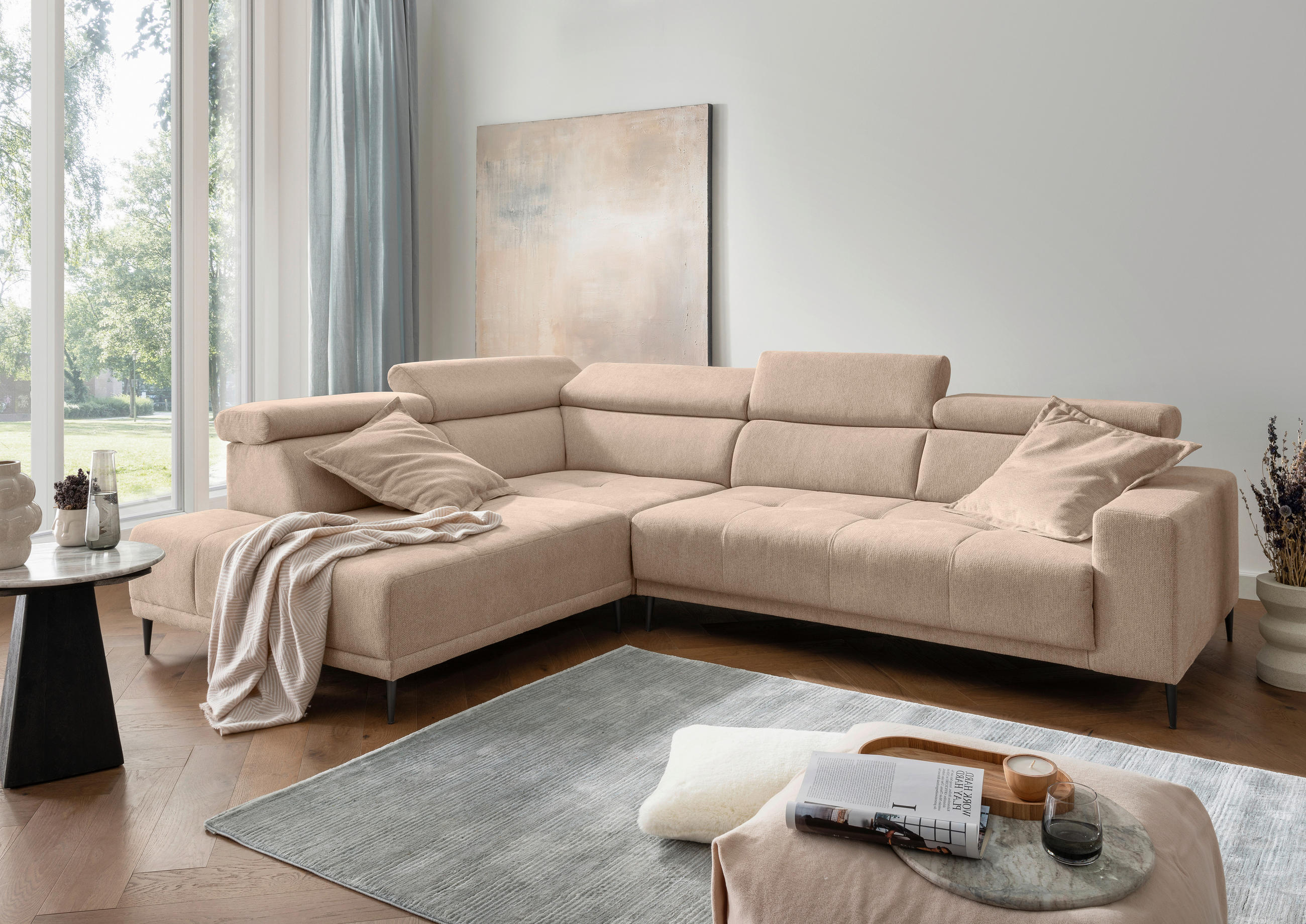 ECKSOFA INTERA Hellbraun Struktur Kopfteilverstellung, Sitzvorzug  - Hellbraun/Schwarz, KONVENTIONELL, Textil/Metall (225/305cm) - Livetastic