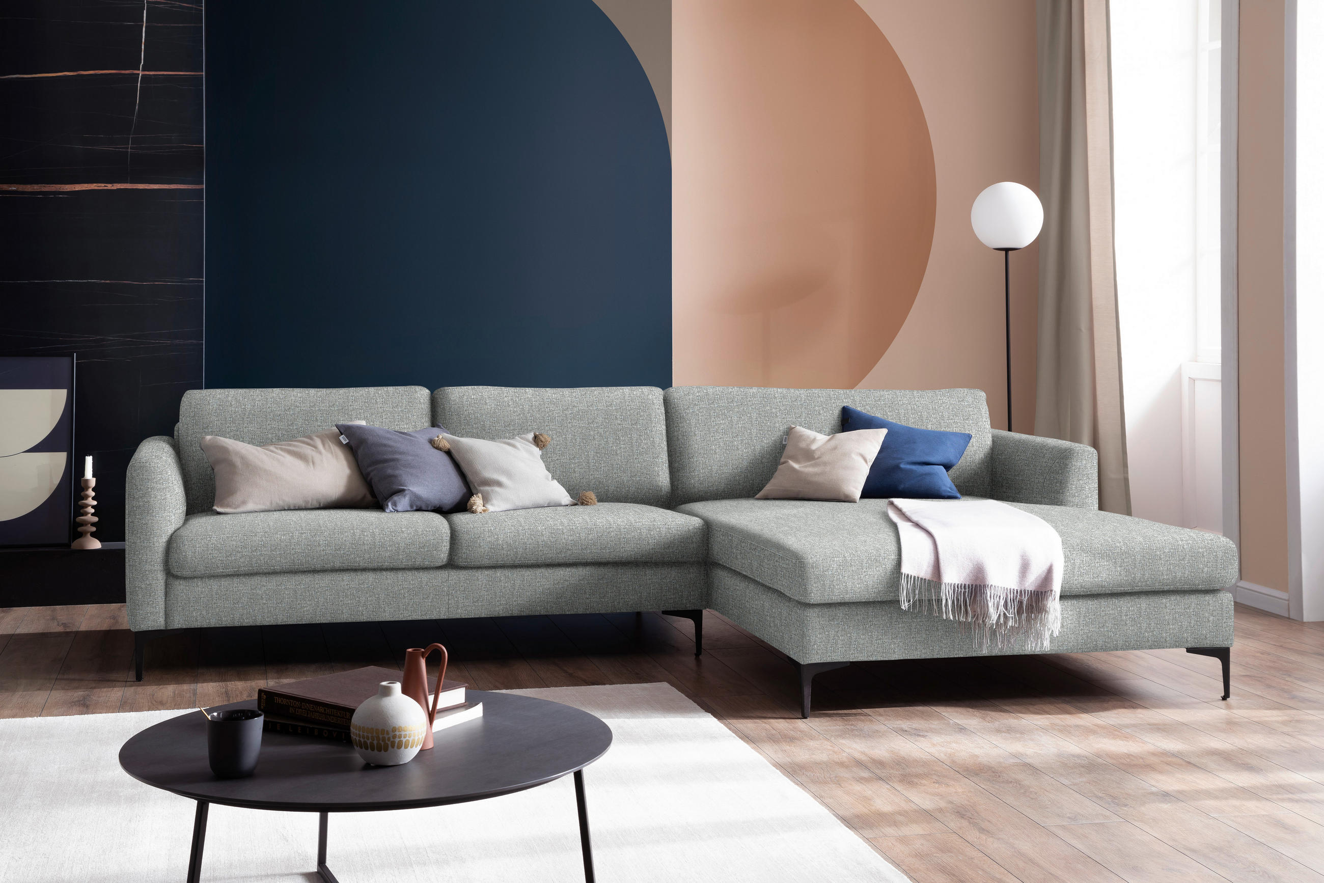 ECKSOFA in Flachgewebe Hellgrau  310/195 cm  - Hellgrau/Schwarz, Design, Textil/Metall (310/195cm) - Schöner Wohnen