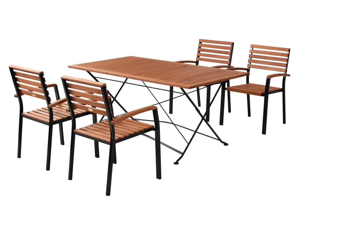 GARTENTISCHGRUPPE EukalyptusholzHartholz Stahl  - Schwarz/Naturfarben, KONVENTIONELL, Holz/Metall - Gardenson