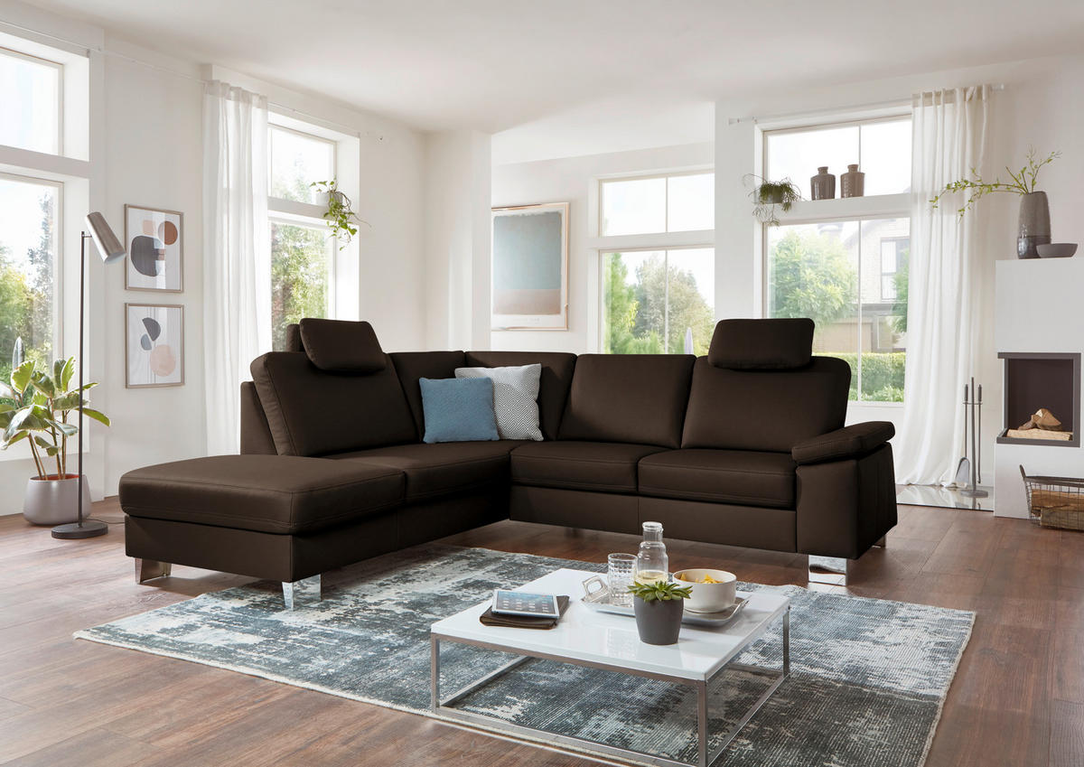 ECKSOFA  in Echtleder Dunkelbraun  235/248 cm  - Dunkelbraun/Alufarben, Design, Leder/Metall (235/248cm) - Beldomo Premium