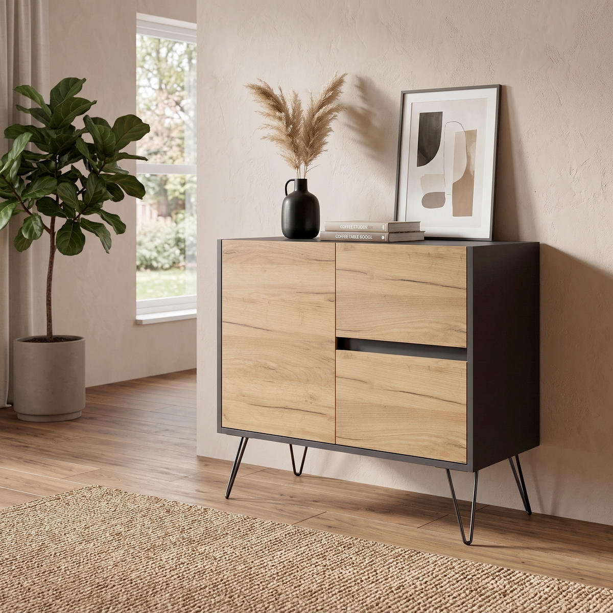 SIDEBOARD Posseik Industrial 79/75,8/42 cm 2 Schublade(n)  - Eichefarben/Graphitfarben, Design, Holzwerkstoff/Metall (79/75,8/42cm) - MID.YOU