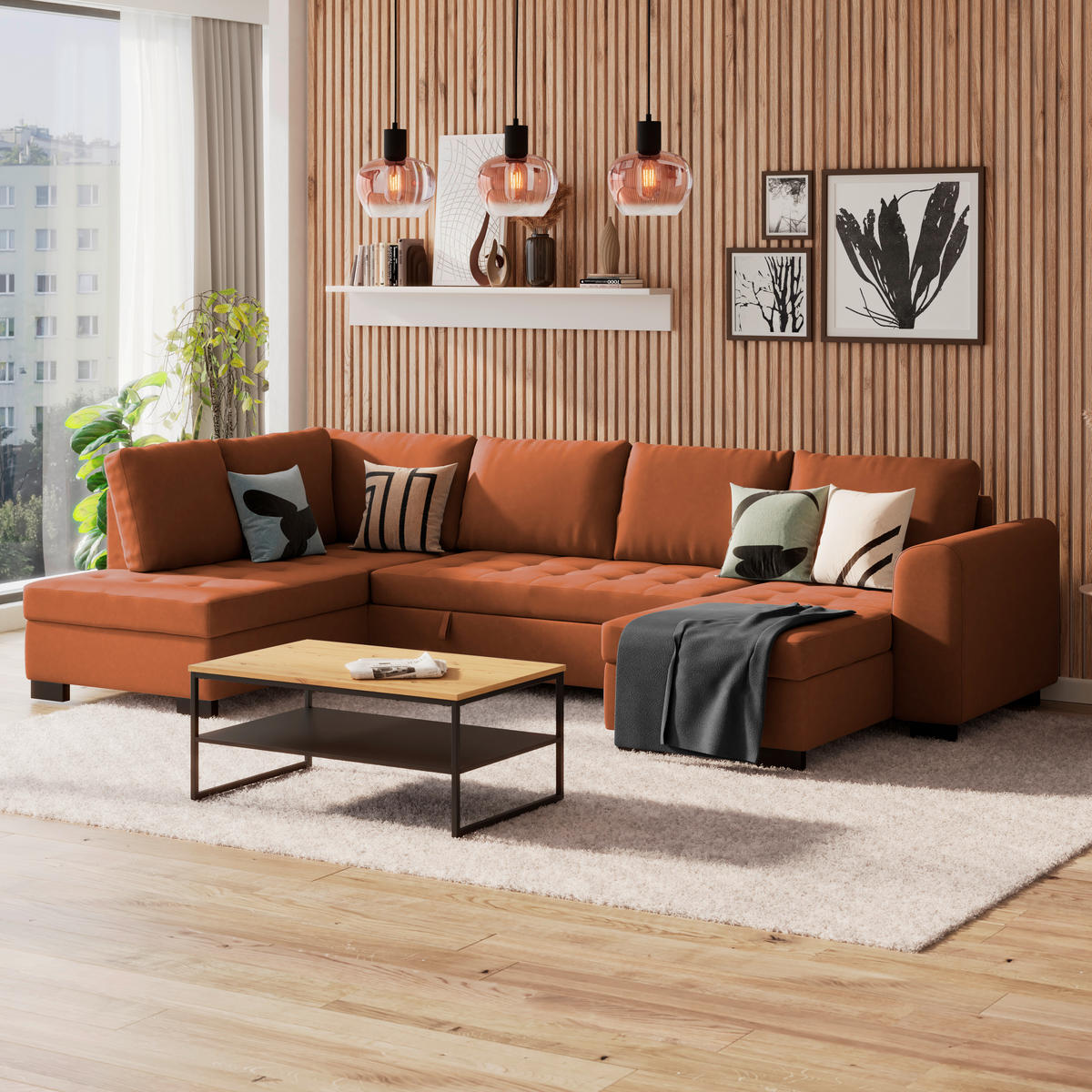 WOHNLANDSCHAFT Terracotta Mikrofaser  - Terracotta/Schwarz, MODERN, Kunststoff/Textil (178/305/155cm) - P & B