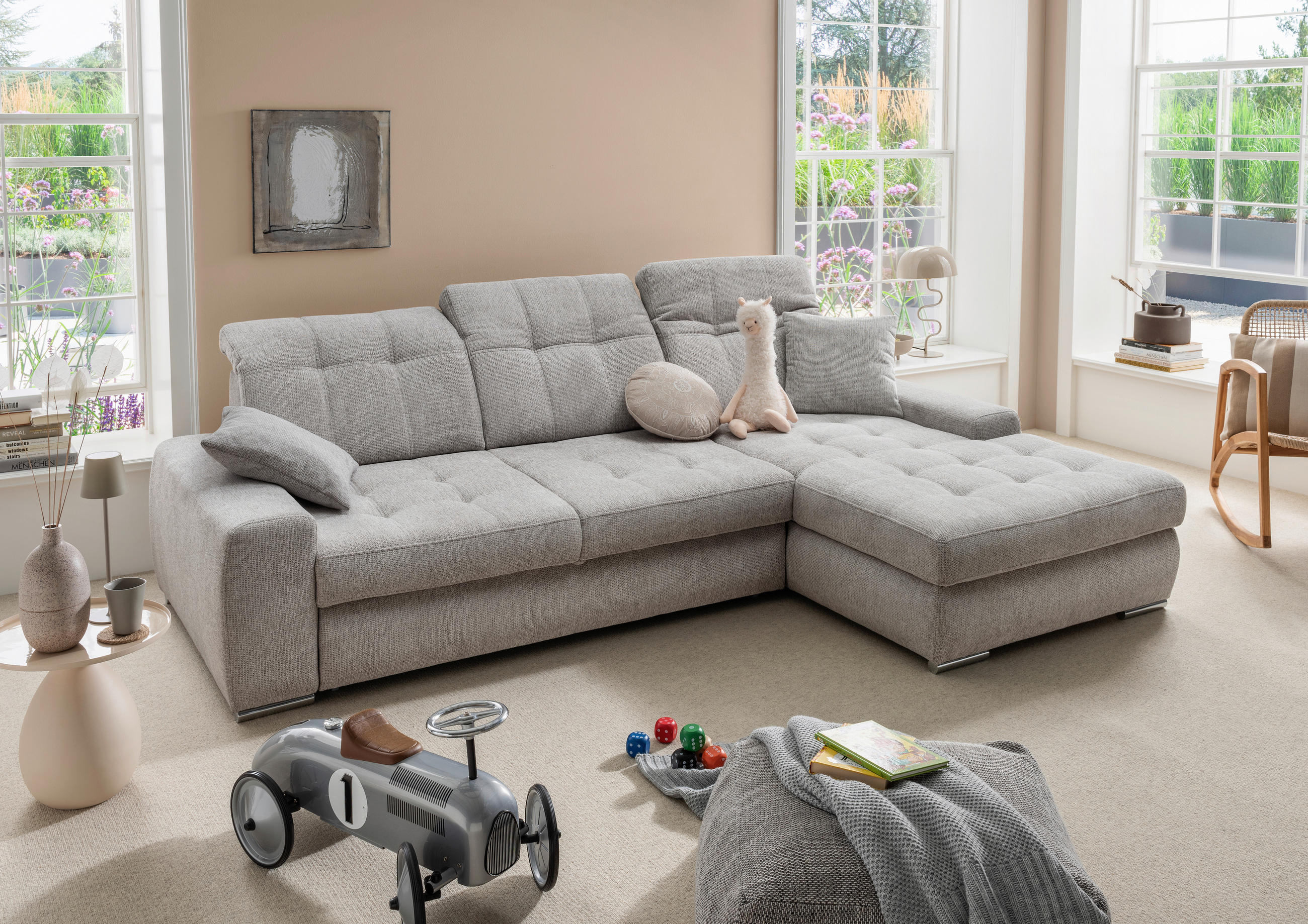 ECKSOFA FRIDO in Chenille Grau  283/186 cm  - Chromfarben/Grau, KONVENTIONELL, Textil/Metall (283/186cm) - Livetastic