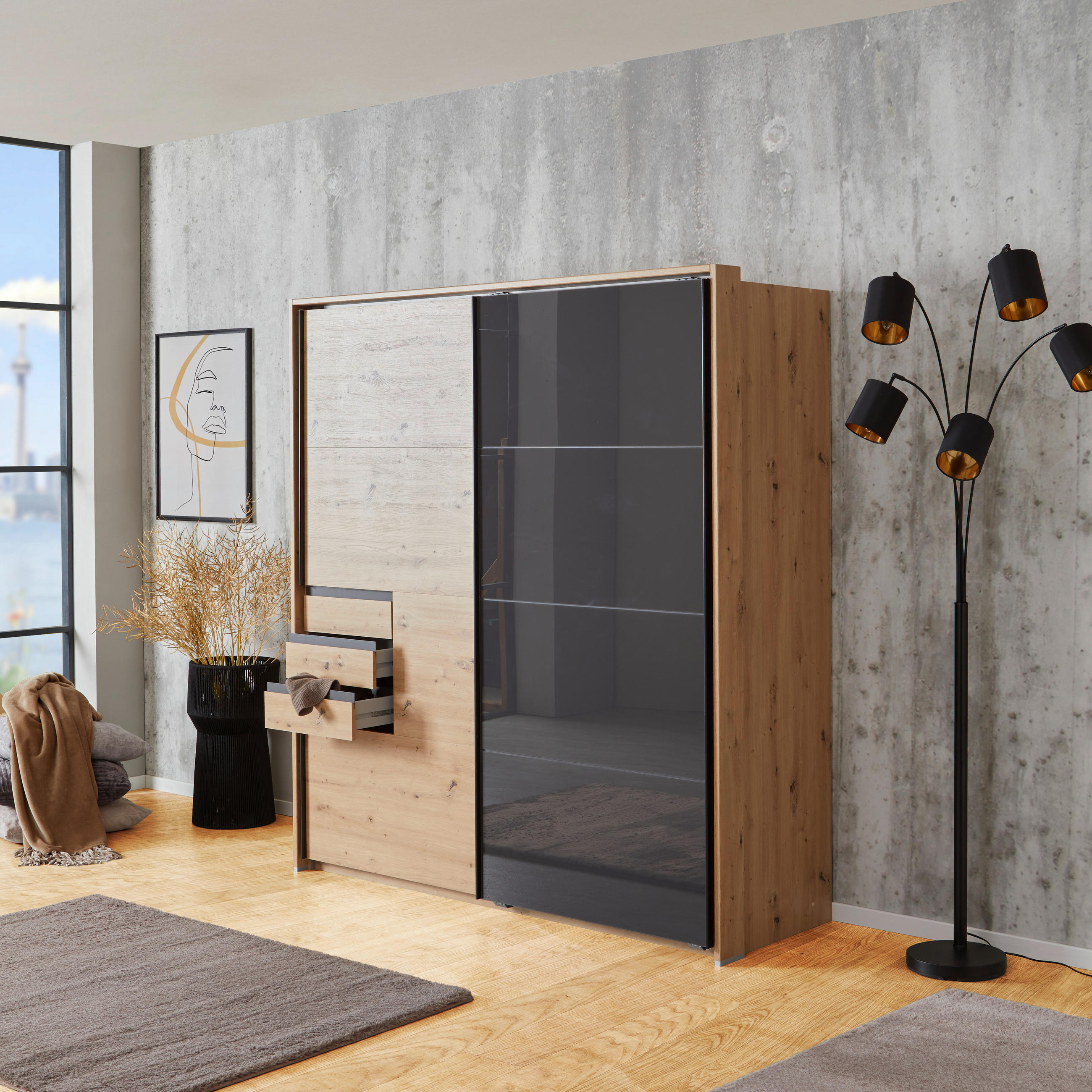 SCHWEBETÜRENSCHRANK 180/198/65 cm 2-türig Grau, Eiche Artisan  - Eichefarben/Schwarz, KONVENTIONELL, Glas/Holzwerkstoff (180/198/65cm) - MID.YOU