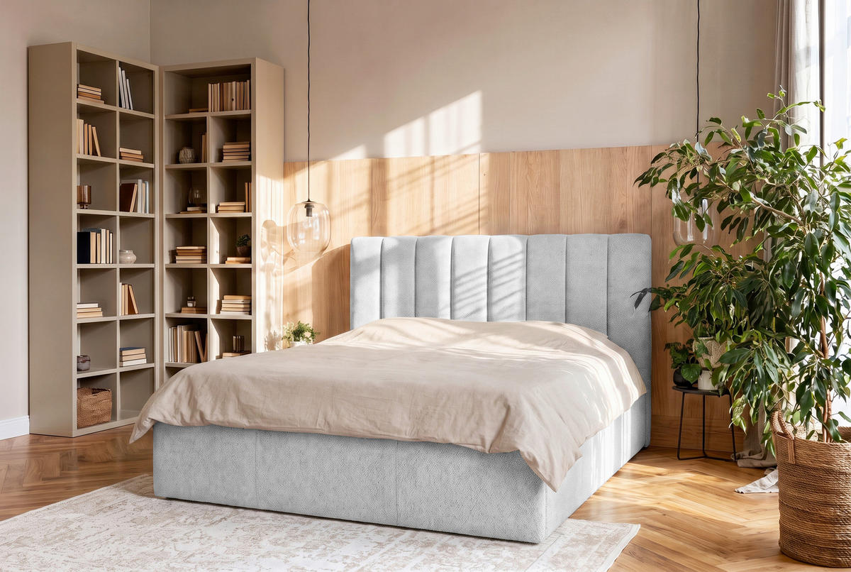 POLSTERBETT 180/200 cm,  in Hellgrau, Matratze, Lattenrost, Bettkasten, H3 + H4 = fest + sehr fest  - Hellgrau, Trend, Holz/Textil (180/200cm) - Boxxx