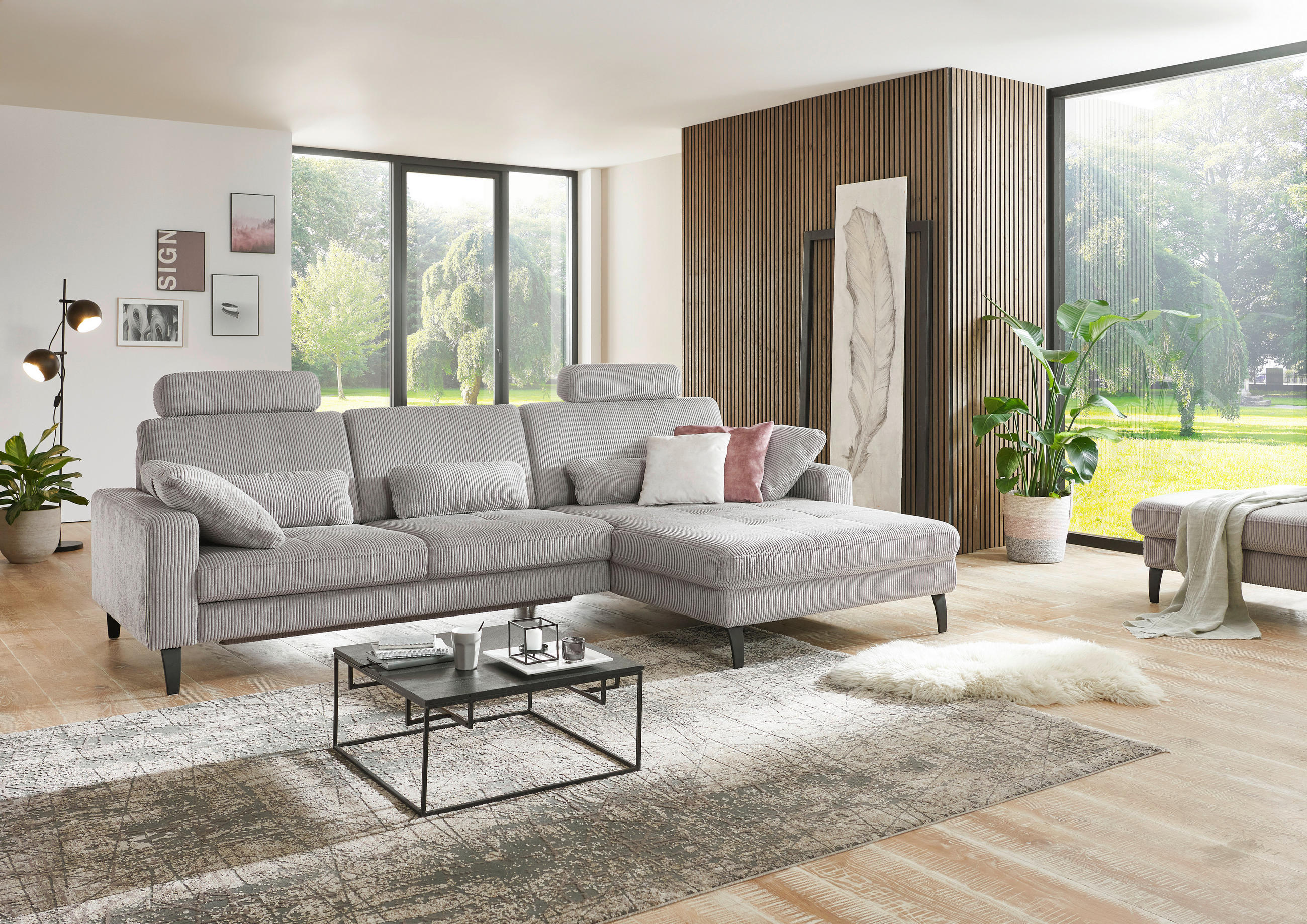 ECKSOFA in Cord Hellgrau  - Hellgrau/Schwarz, Modern, Textil/Metall (302/177cm) - Beldomo Style