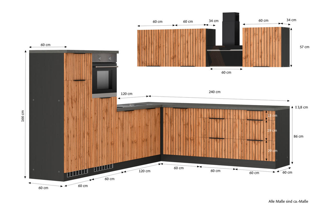 ECKKÜCHE 300/240 cm  in Graphitfarben, Eiche Wotan  - Schieferfarben/Eiche Wotan, Basics, Holzwerkstoff/Metall (300/240cm) - Held