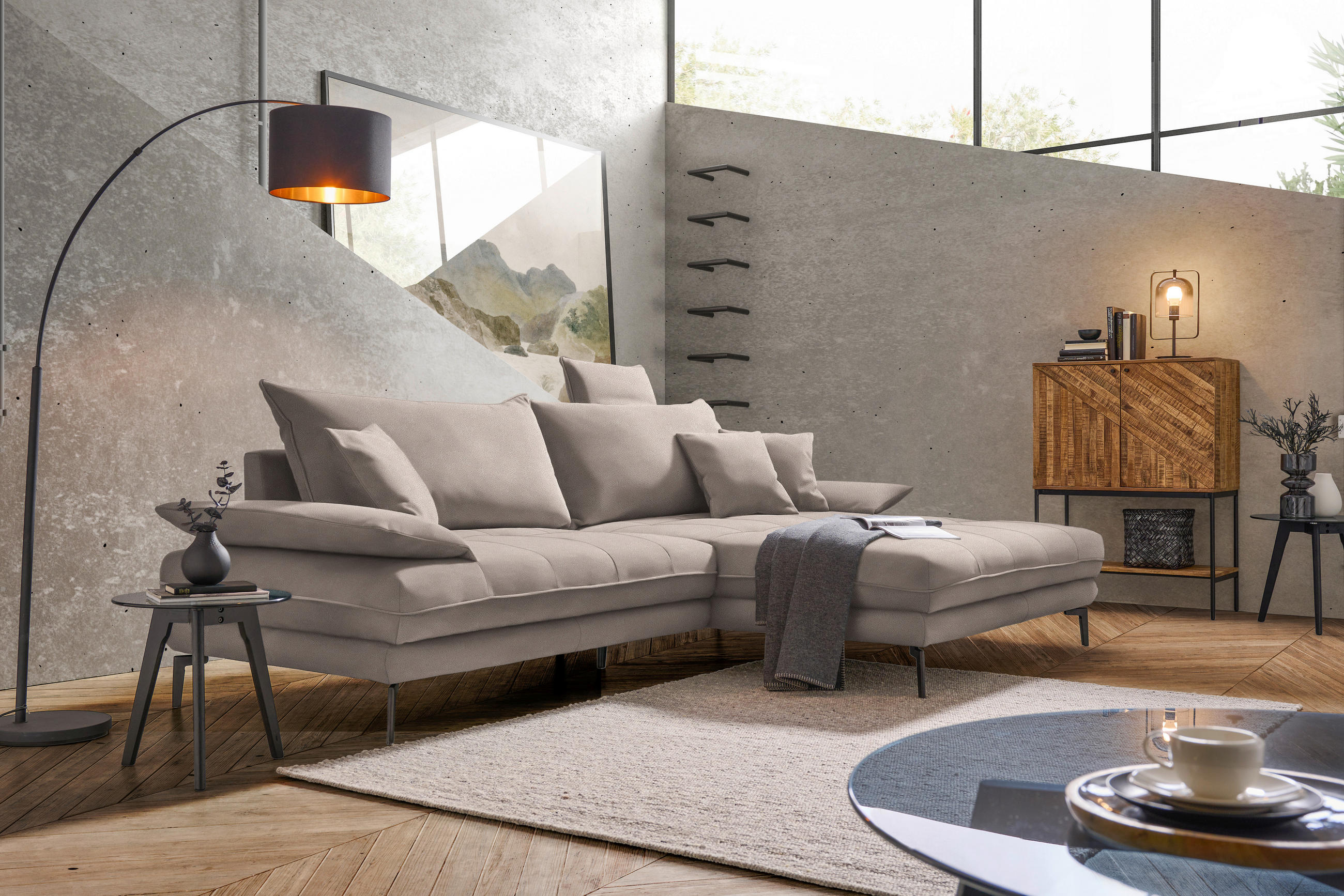 ECKSOFA in Flachgewebe Hellbraun  292/176 cm  - Hellbraun/Schwarz, MODERN, Textil/Metall (292/176cm) - Carryhome