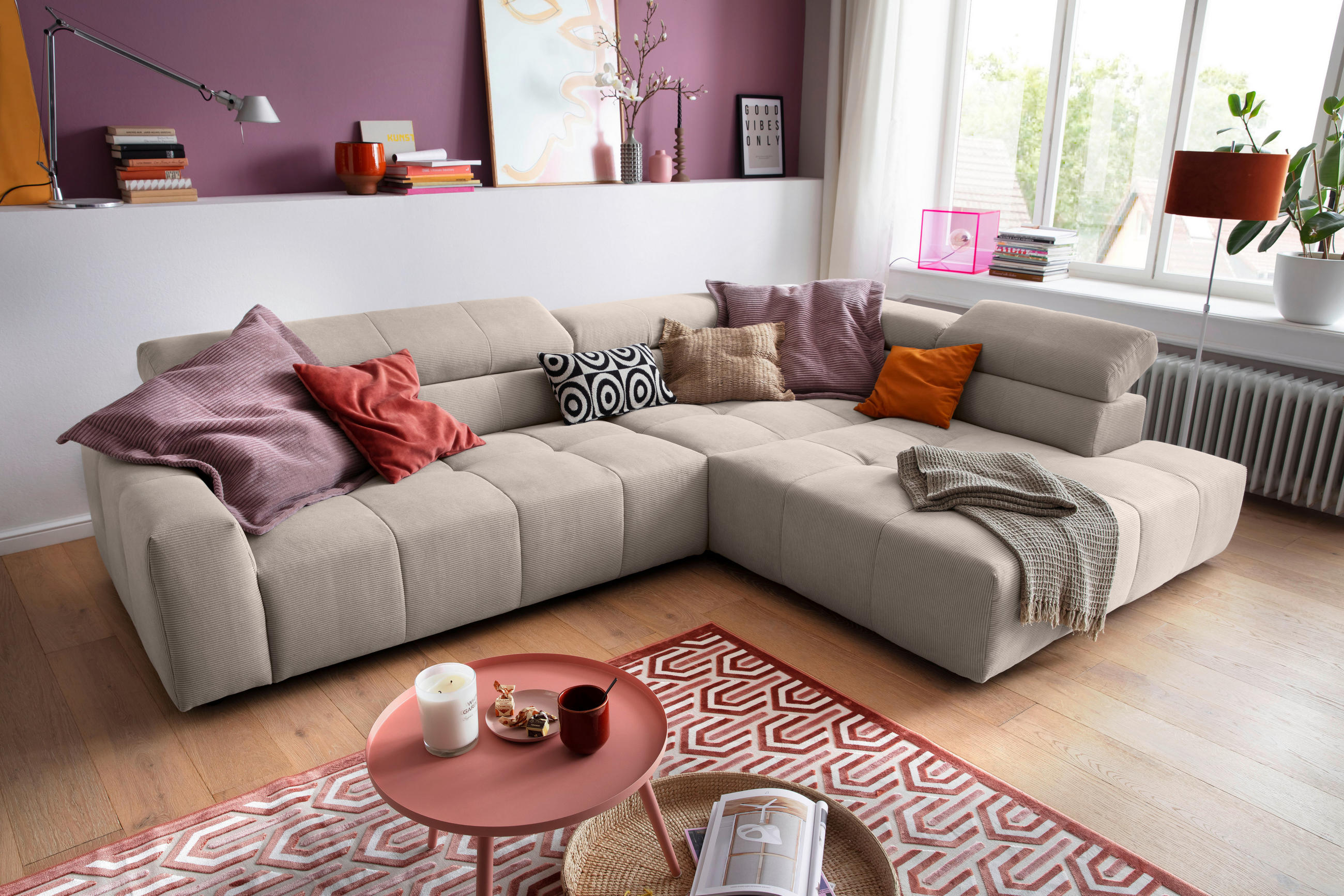 ECKSOFA Sandfarben Feincord  - Sandfarben/Schwarz, KONVENTIONELL, Kunststoff/Textil (311/219cm) - Hom`in