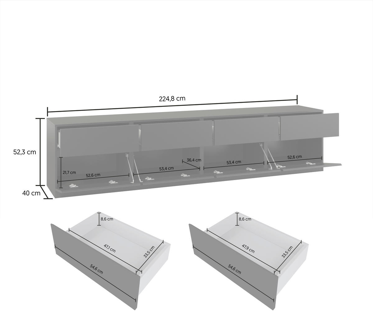 LOWBOARD Bern 224,8/52,3/40 cm 4 Schublade(n) stehend  - Schwarz, Design, Holzwerkstoff (224,8/52,3/40cm) - MID.YOU