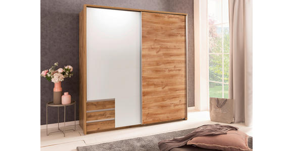 SCHWEBETÜRENSCHRANK in Weiß, Plankeneiche - Plankeneiche/Eichefarben, Design, Holzwerkstoff/Metall (179/198/64cm) - Carryhome