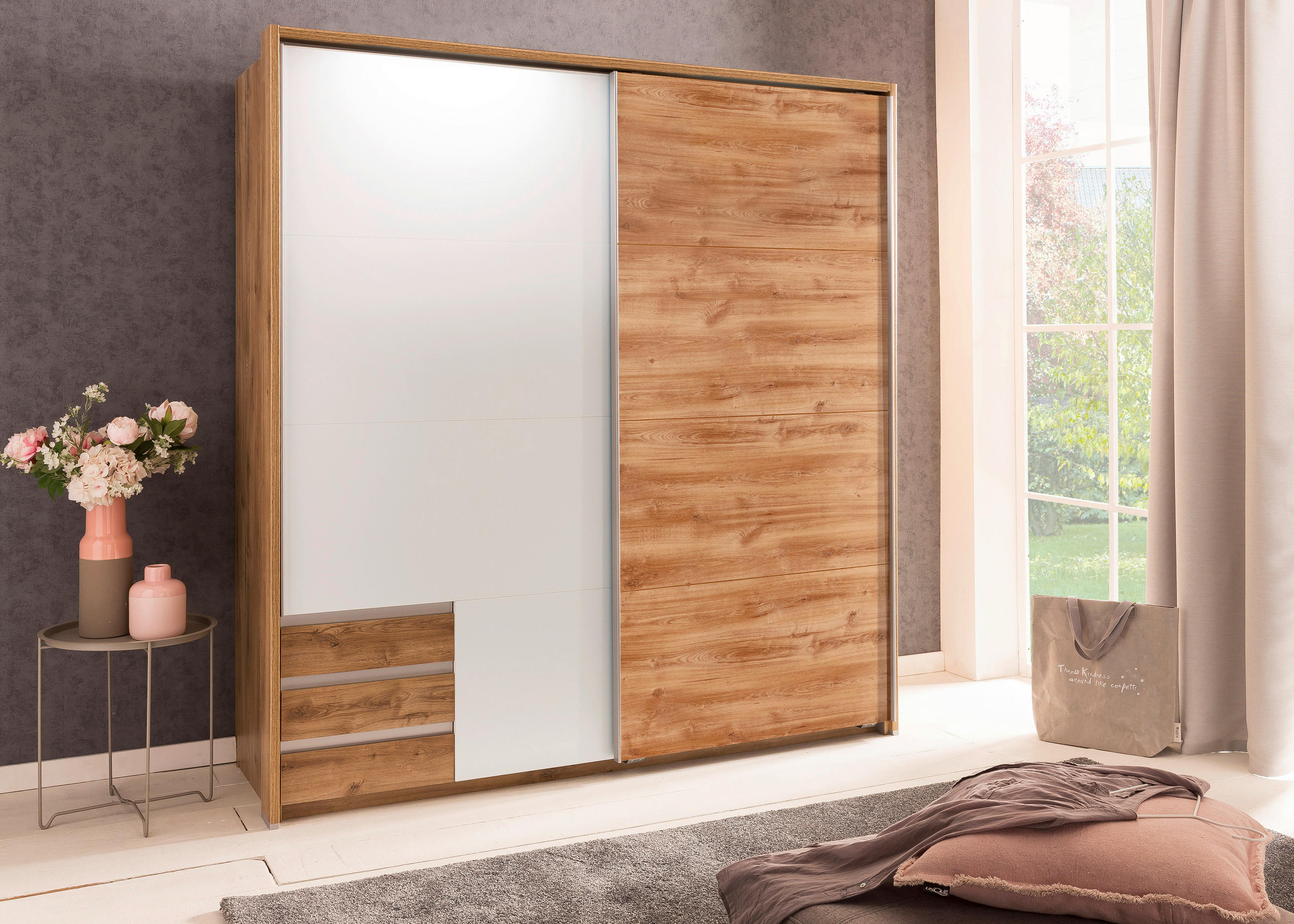 SCHWEBETÜRENSCHRANK 179/198/64 cm 2-türig Plankeneiche, Weiß - Plankeneiche/Eichefarben, Design, Holzwerkstoff/Metall (179/198/64cm) - Boxxx
