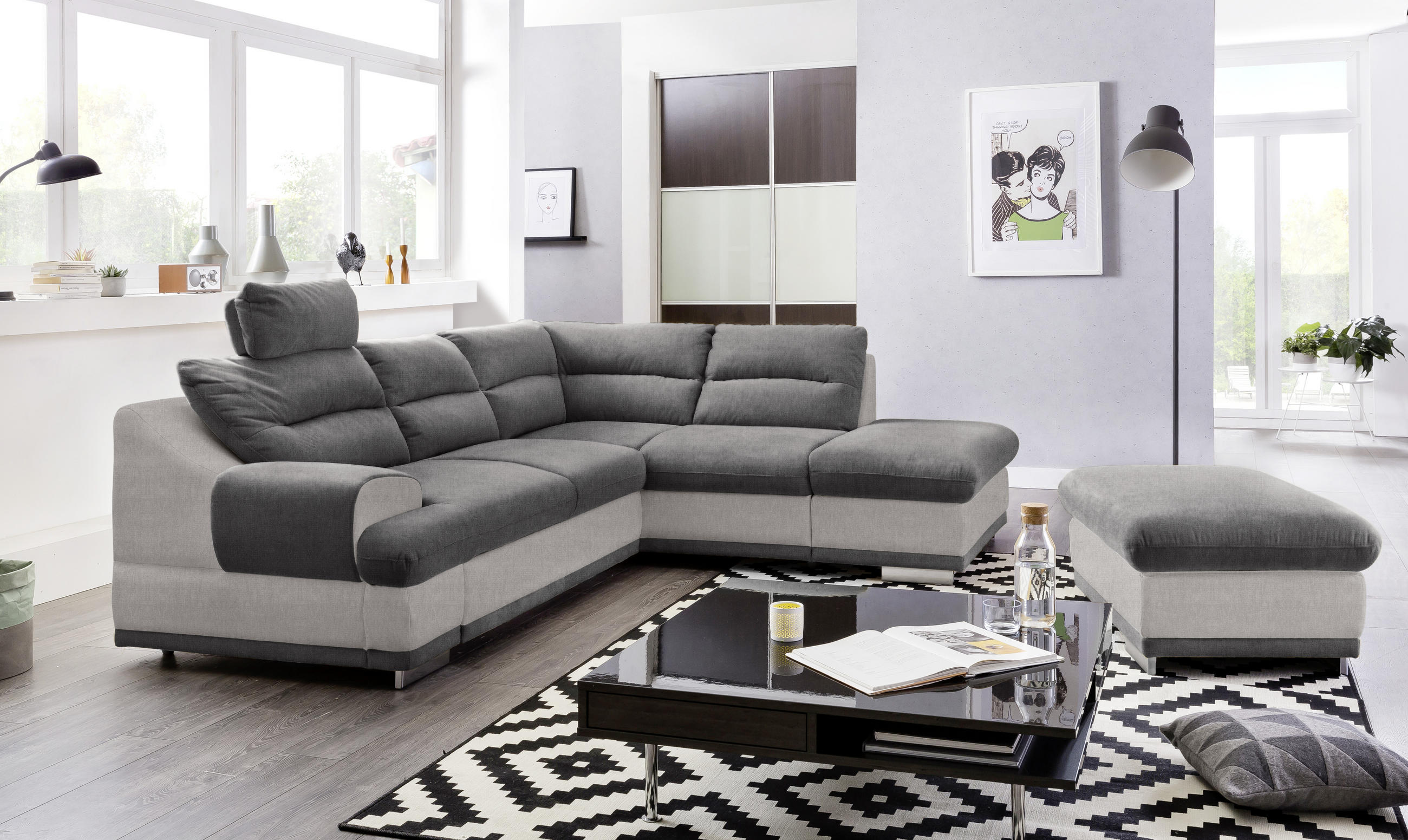 ECKSOFA Anthrazit, Hellgrau Velours  - Chromfarben/Anthrazit, KONVENTIONELL, Textil/Metall (264/217cm) - MID.YOU