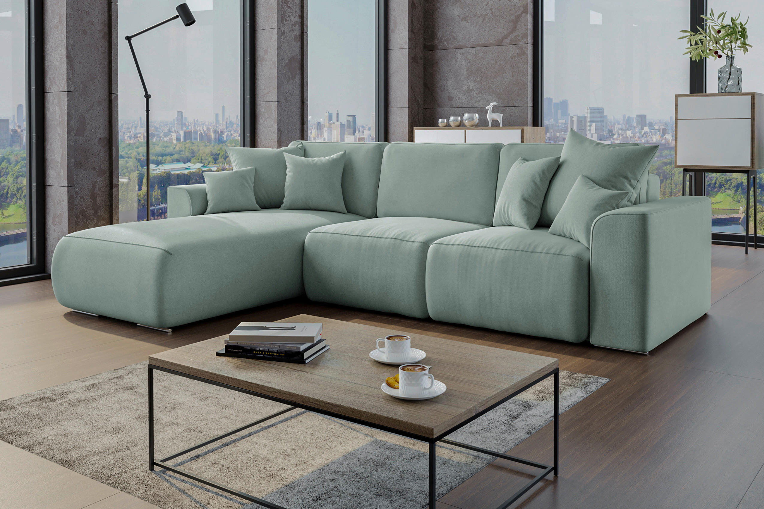 ECKSOFA in Velours Mintgrün  195/293 cm  - Chromfarben/Mintgrün, KONVENTIONELL, Kunststoff/Textil (195/293cm) - Carryhome