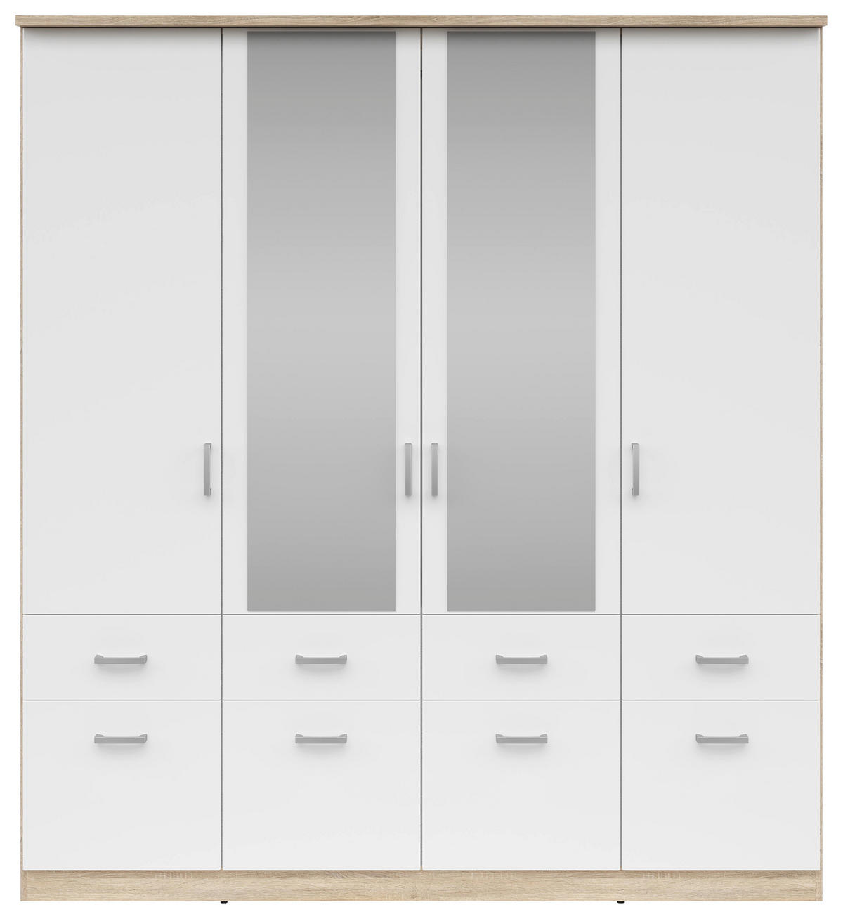 KLEIDERSCHRANK 181/199/58 cm 4-türig Weiß, Sonoma Eiche  - Silberfarben/Weiß, KONVENTIONELL, Glas/Holzwerkstoff (181/199/58cm) - Boxxx