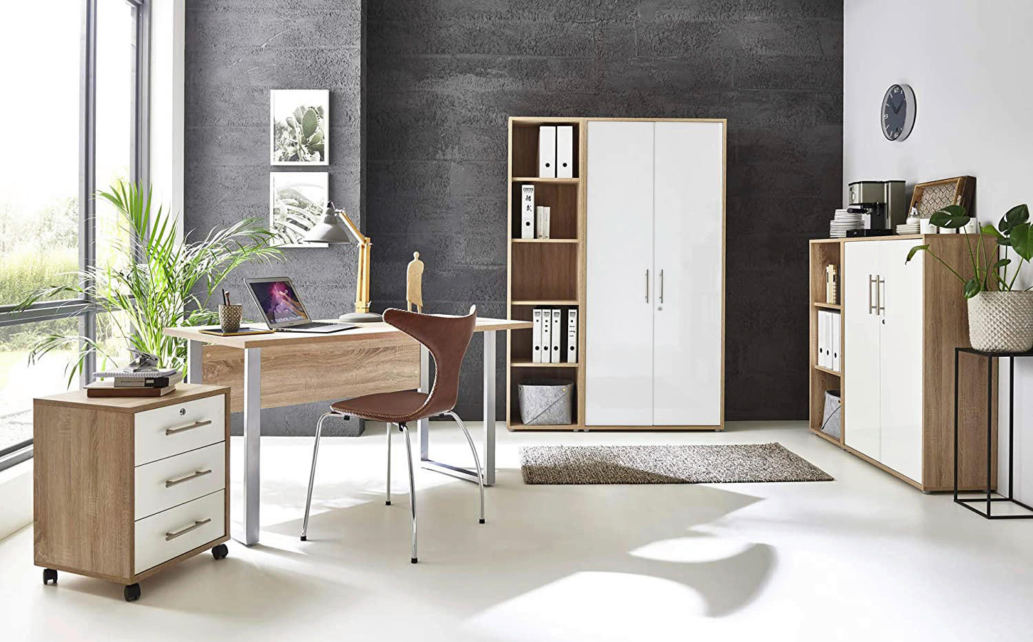 BÜRO erweiterbar, in verschiedenen Holz-Dekoren erhältlich, abschließbar Sonoma Eiche, Weiß Hochglanz - Weiß Hochglanz/Sonoma Eiche, MODERN, Holzwerkstoff/Metall - MID.YOU
