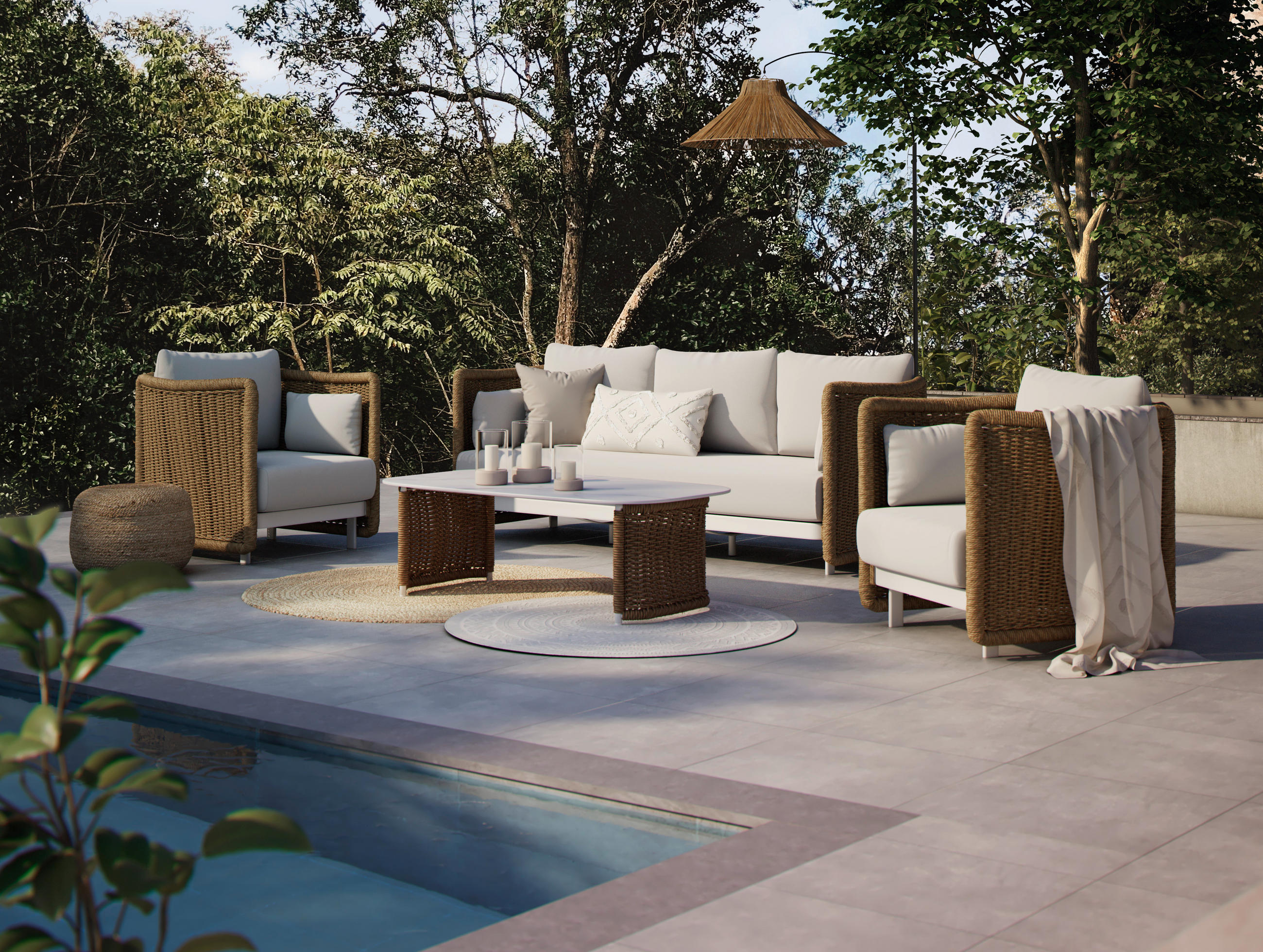 FOTELJA ZA BAŠTU  - bela/prirodna boja, Moderno, metal/tekstil (97/73/87cm) - Amatio