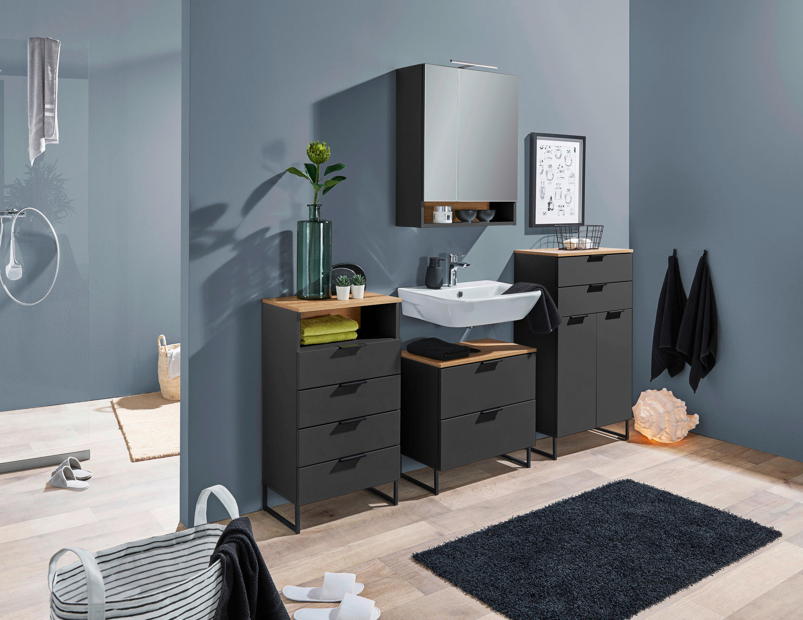 MIDISCHRANK 60/106/32 cm  - Eichefarben/Schwarz, KONVENTIONELL, Holzwerkstoff/Metall (60/106/32cm) - home24