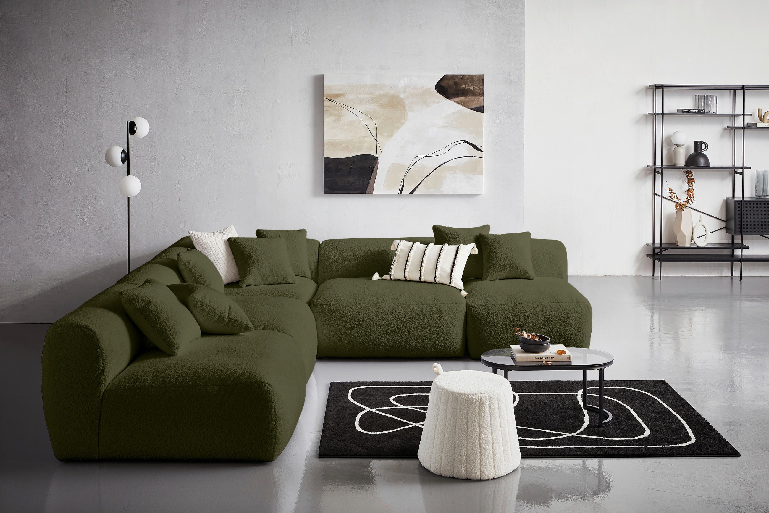 ECKSOFA BLOOM Olivgrün Flachgewebe, Teddystoff  - Olivgrün, Trend, Textil (315/300cm) - Livetastic