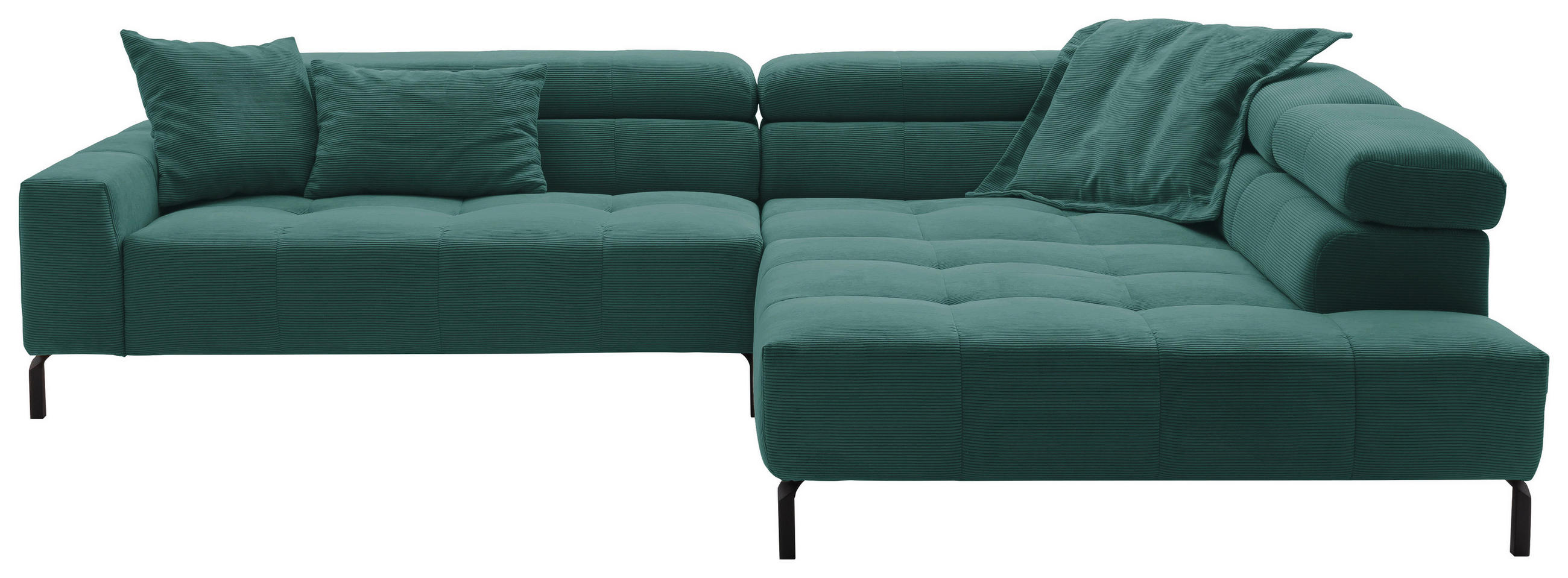 ECKSOFA Grün Feincord Rücken echt, Kopfteilverstellung, Sitzvorzug  - Schwarz/Grün, KONVENTIONELL, Textil/Metall (311/219cm) - Hom`in
