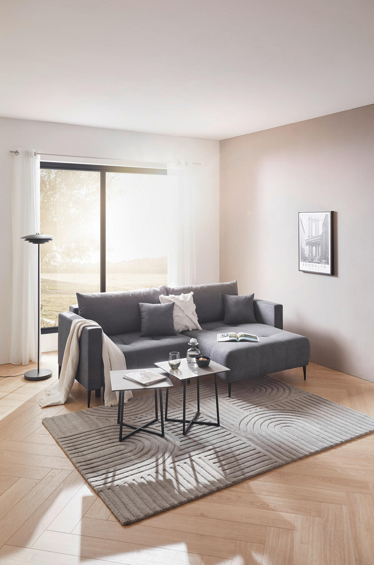 ECKSOFA Dunkelgrau Velours  - Dunkelgrau/Schwarz, KONVENTIONELL, Textil/Metall (226/155cm) - Carryhome